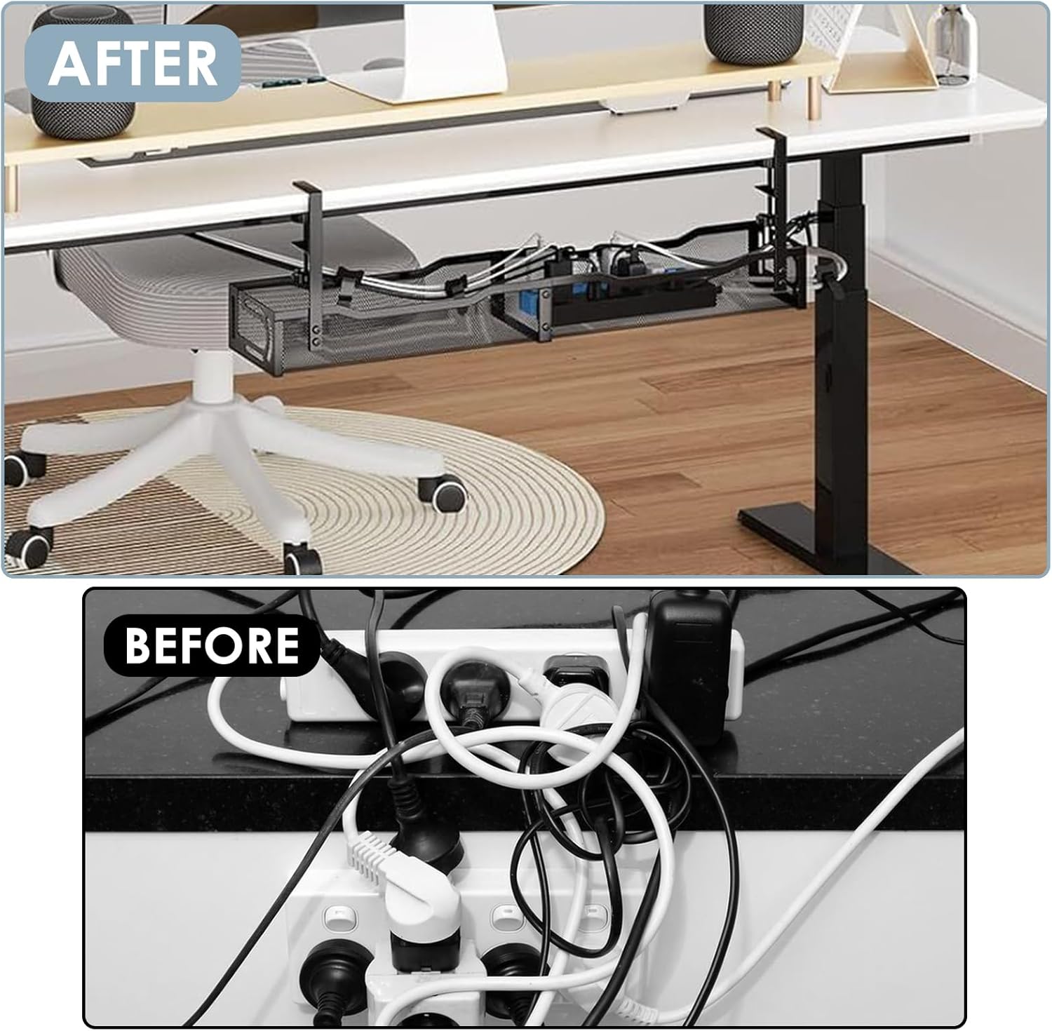 Cable Management, 25'' Cable Management Under Desk No Drill, Metal Cord Organizer with Clamp for Standing Desk, Cable Organizer for Home Office, Black - Image 6