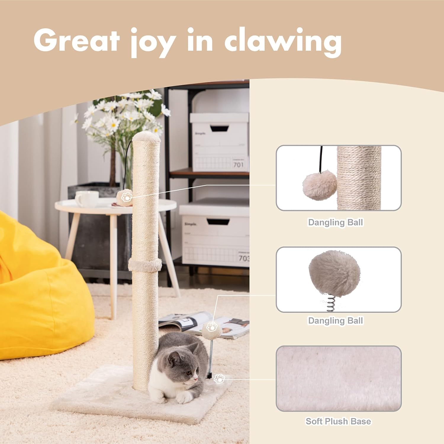MECOOL 34” Tall Cat Scratching Post Premium Basics Kitten Scratcher Sisal Scratch Posts Trees with Hanging Ball for Indoor Cats, Beige - Image 2