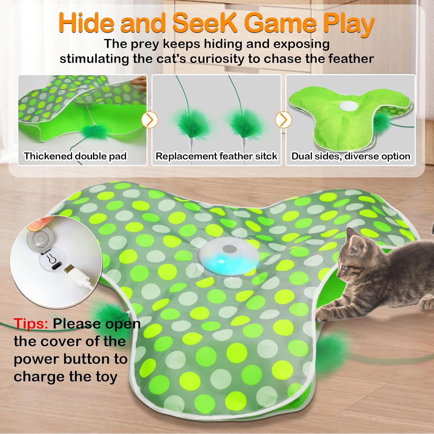 Interactive Cat Toys Rechargeable,Moving Concealed Feathers,Real Mouse Squeaky,Touch Activated Cat Kitten Toy Exercise Toys for Indoor Bored Adult Cats - Image 2