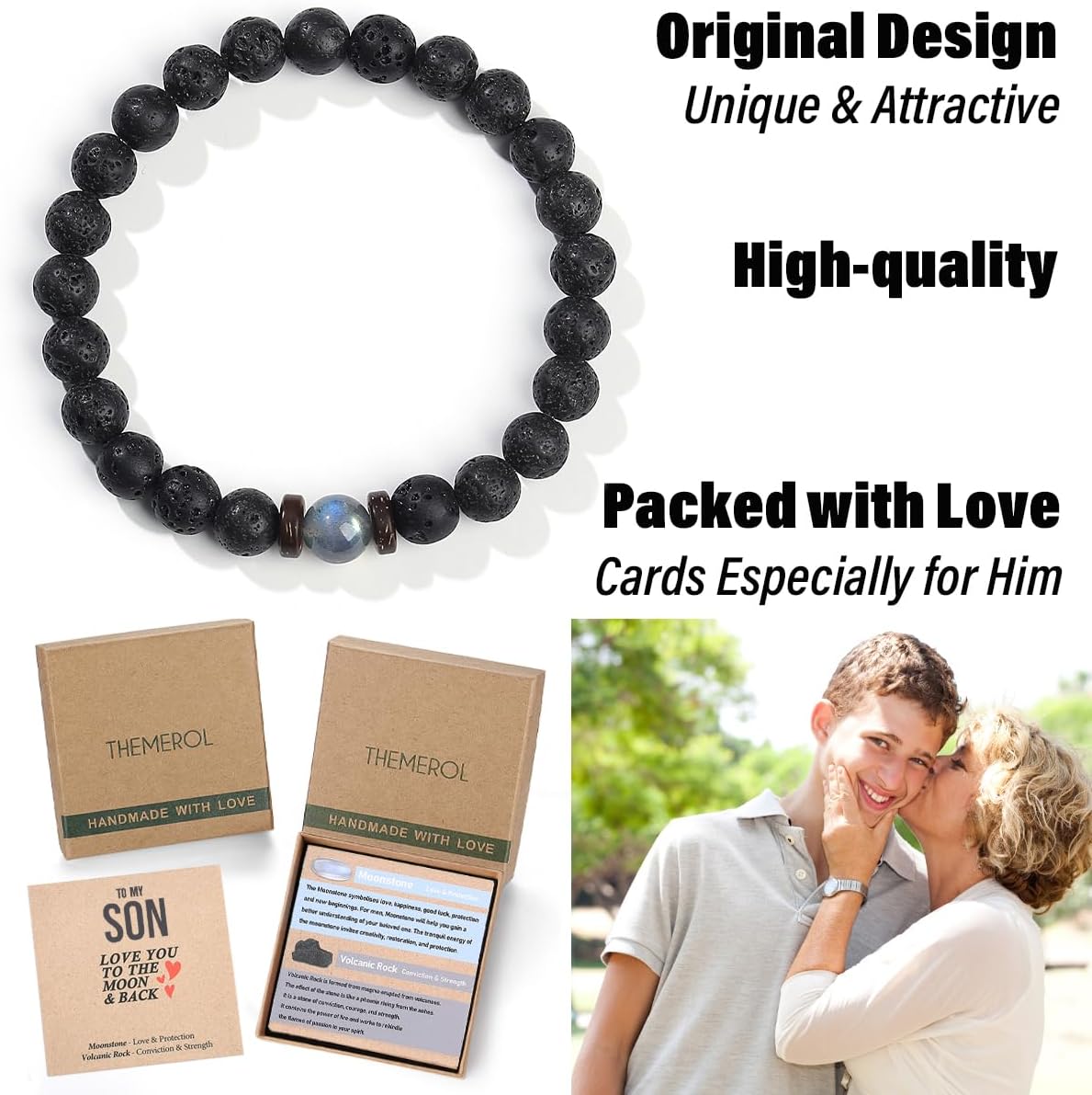 Easter Gifts for Boys/Men-Love/Strength-Natural Gemstone Bracelet for Son Grandson Dad Boyfriend Husband Brother Nephew Uncle - Image 3