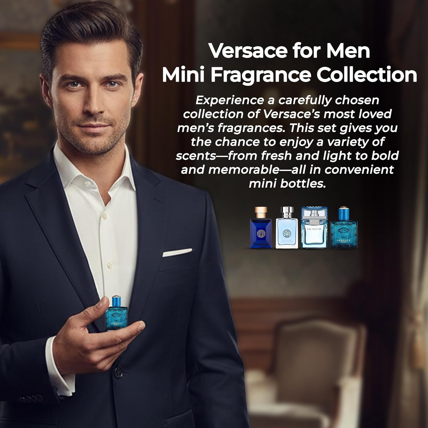 Versace Cologne for Men Set of 4 Mini Eros, Pour Homme, Dylan Blue, Eau Fraiche Perfume for Men Fragrance Sampler Set - Designer Mens Cologne Samples (4 Count, 0.17 oz) - Image 6
