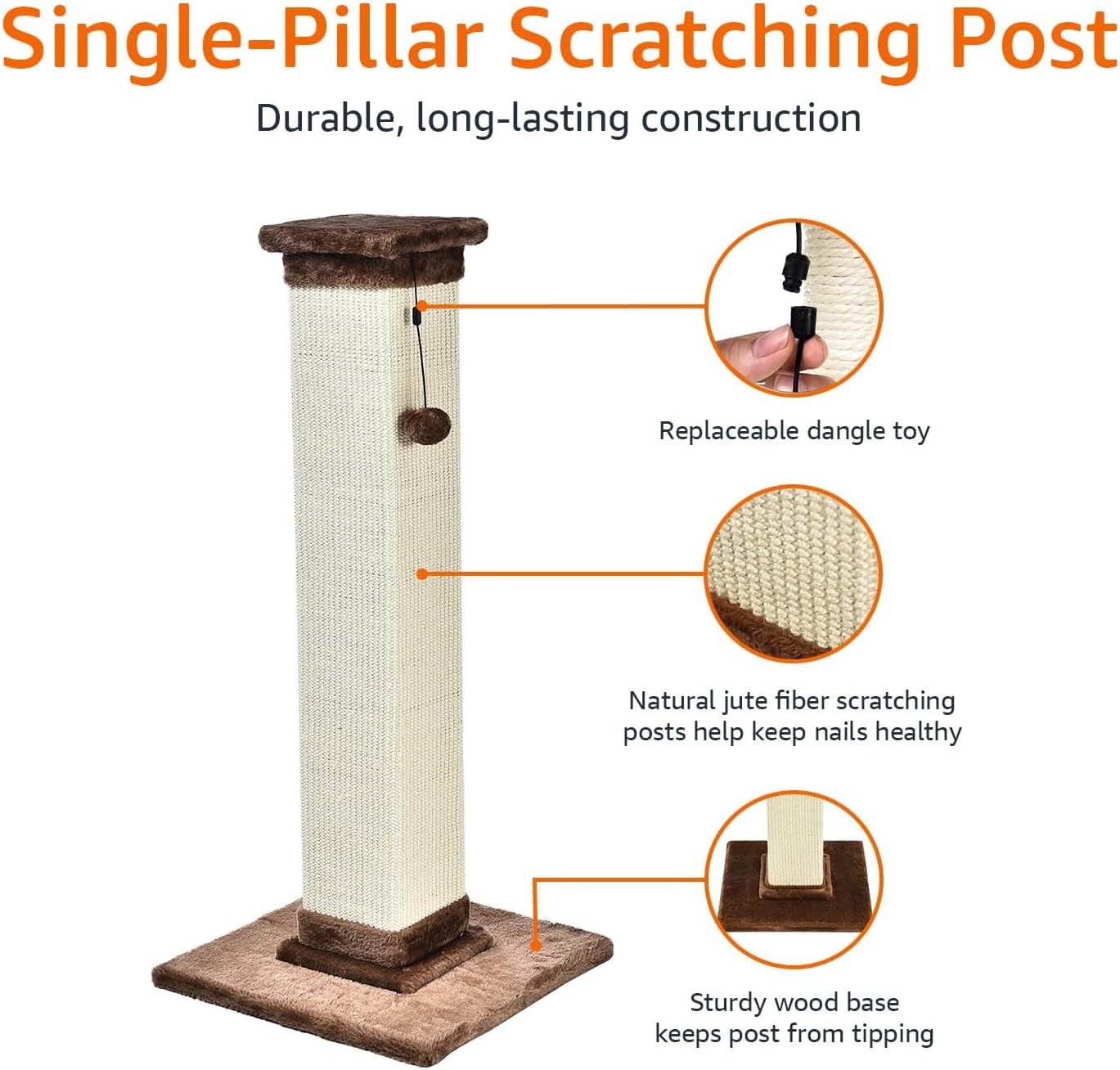 Amazon Basics Sturdy Cat Scratching Post for Indoor Cats & Kittens, Classic Single Post with Sisal Rope, Jute Fiber, Wood Base, Large (35.4"H), Brown - Image 2
