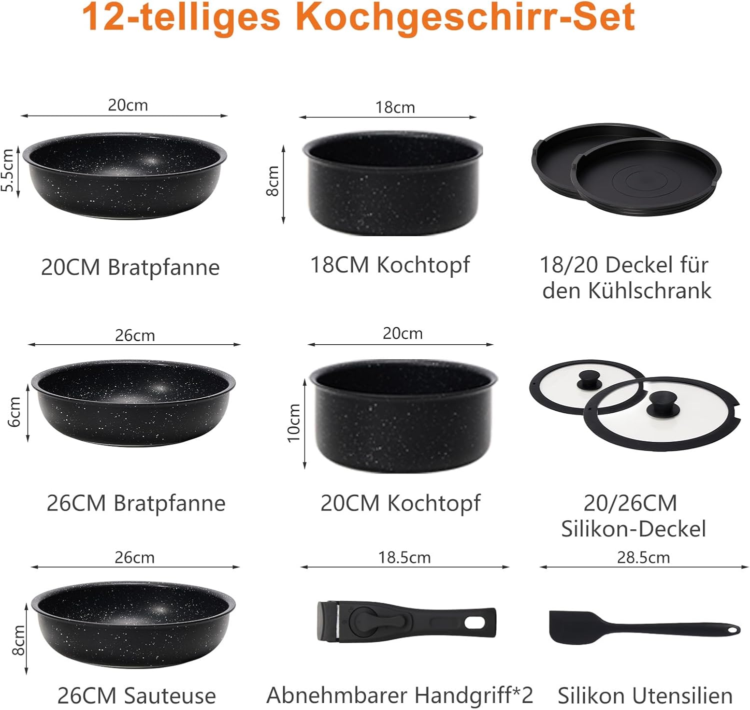Sweetcrispy 12 pcs Pots and Pans Set, Nonstick Kitchen Induction Cookware Suit with Detachable Handle, Dishwasher Oven Safe, Black - Image 2