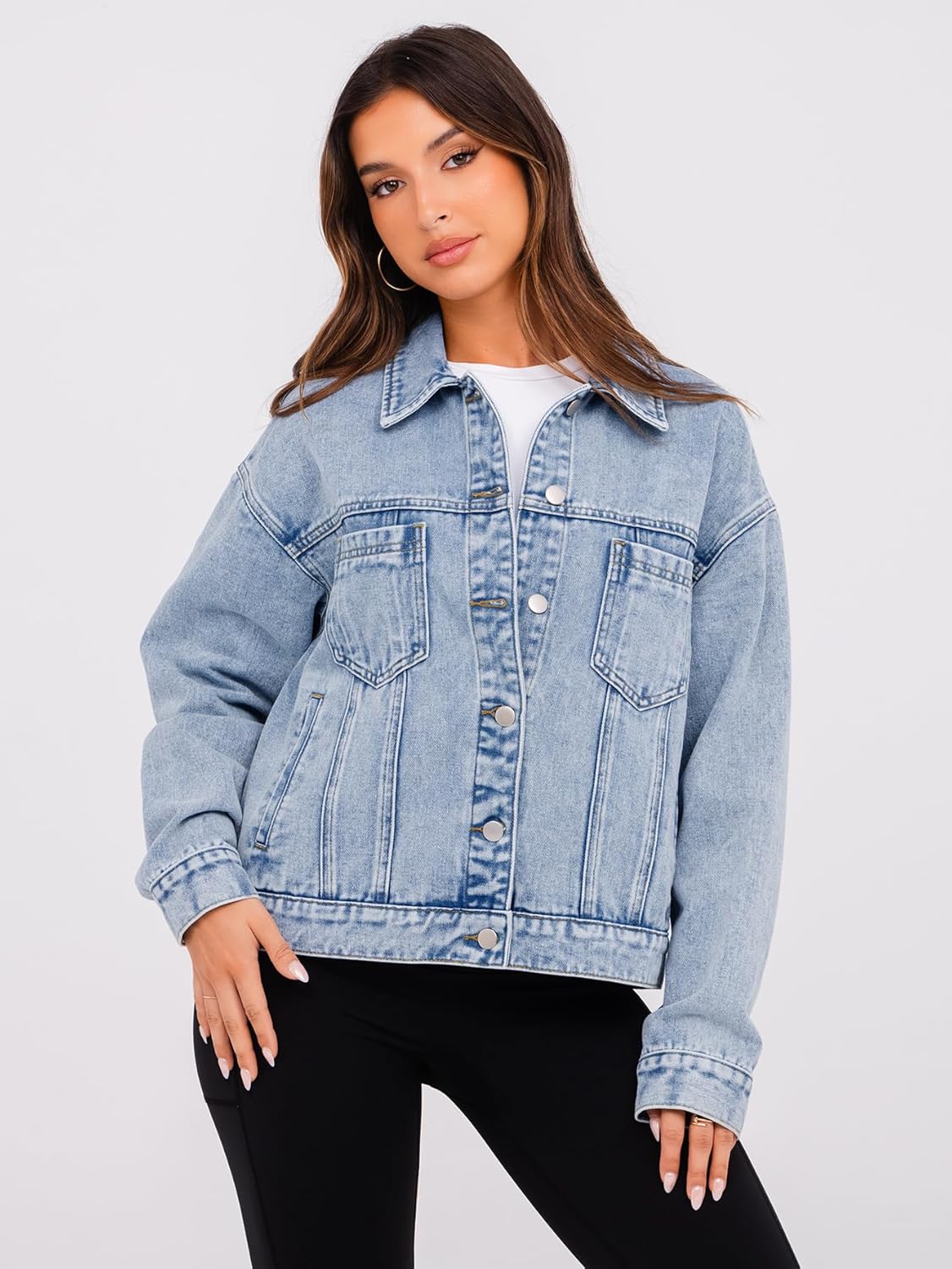 Glamaker Womens Oversized Jean Jacket Casual Long Sleeve Button Down Denim Jacket Fall Coat - Image 2
