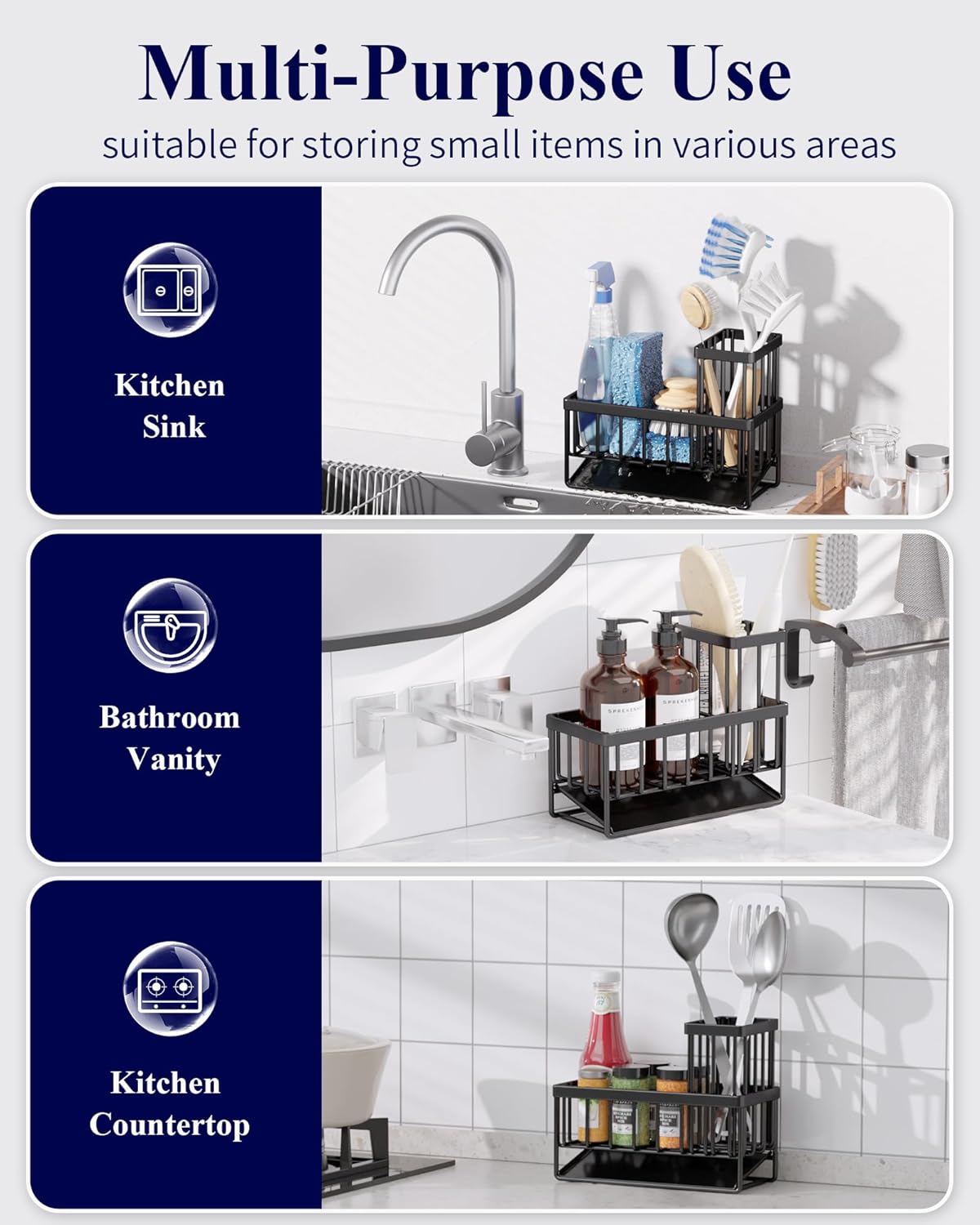 Kitsure Sponge Holder for Kitchen Sink - Rustproof Stainless Steel Sink Caddy Organization and Storage Essentials with High Brush Holder, Home Decor Accessories, 7.9" x 3.7" x 6.2", Black - Image 7