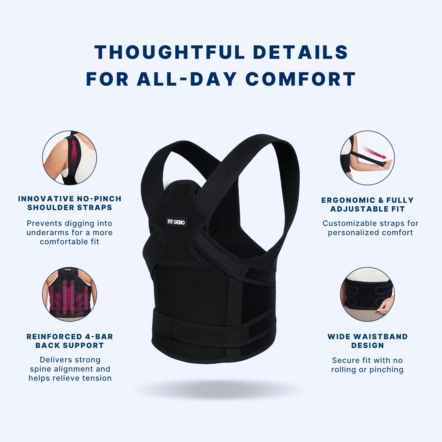 Fit Geno Back Brace Posture Corrector for Women and Men, Shoulder Straightener, Adjustable Full Back Support, Upper and Lower Back Pain Relief - Scoliosis, Hunchback, Hump, Thoracic, Spine Corrector - Image 4
