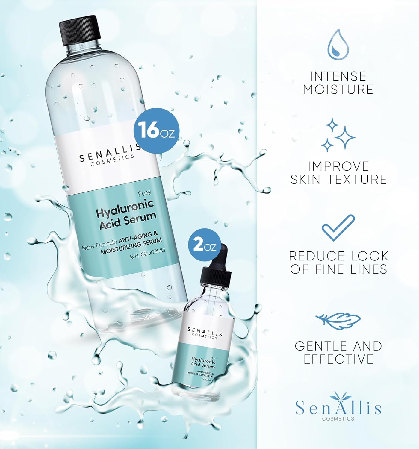 Hyaluronic Acid Serum 16 fl oz And 2 fl oz, Made From Pure Anti Aging/Wrinkle, Ultra Hydrating Moisturizer That Reduces Dry Skin Manufactured In USA - Image 2