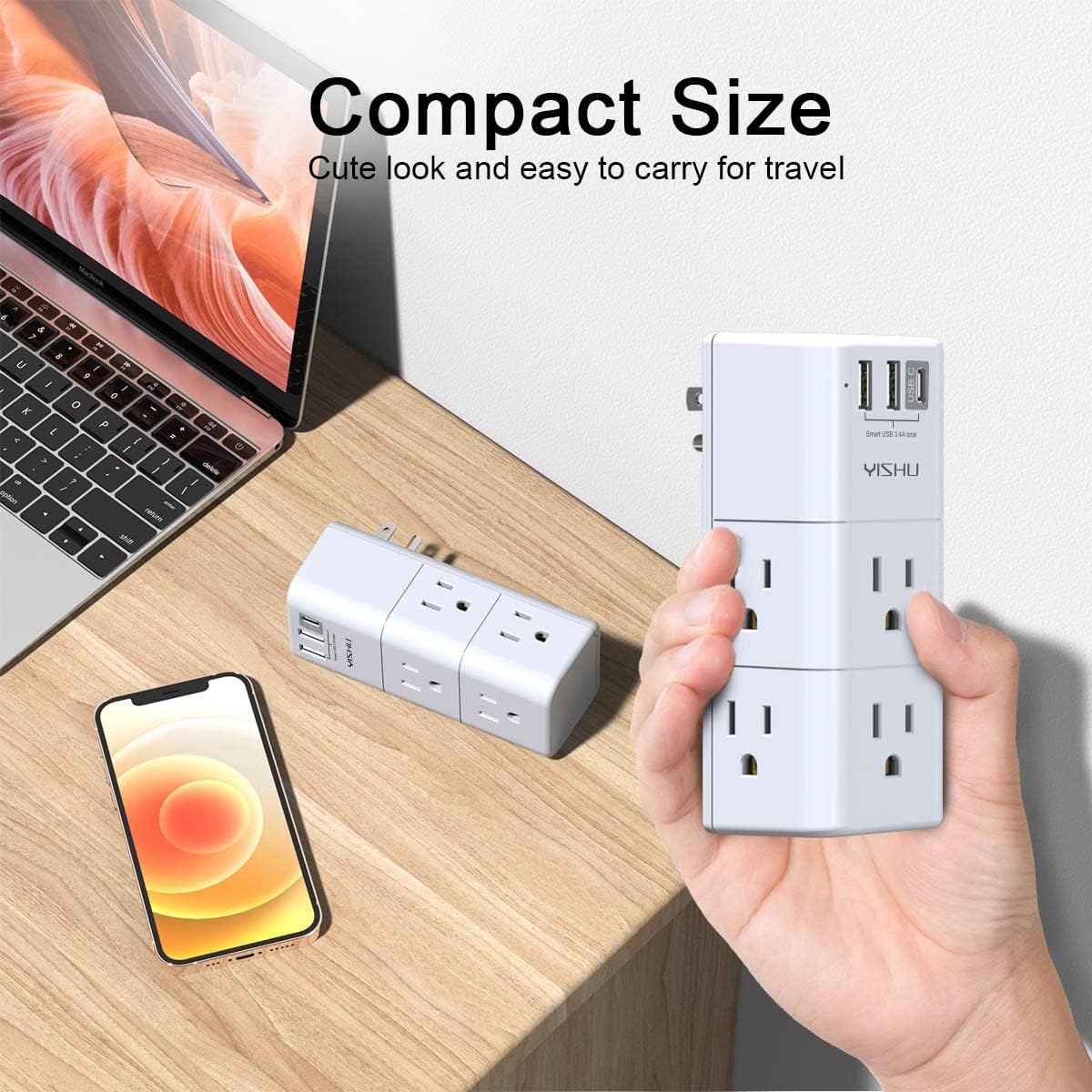 USB Multi Plug Outlet Extender - YISHU Surge Protector with Rotating Plug, 6 AC Plug Extender with 3 USB Ports, 3-Sided Swivel Power Strip Best Ideal Stocking Stuffers for Adults - Image 3