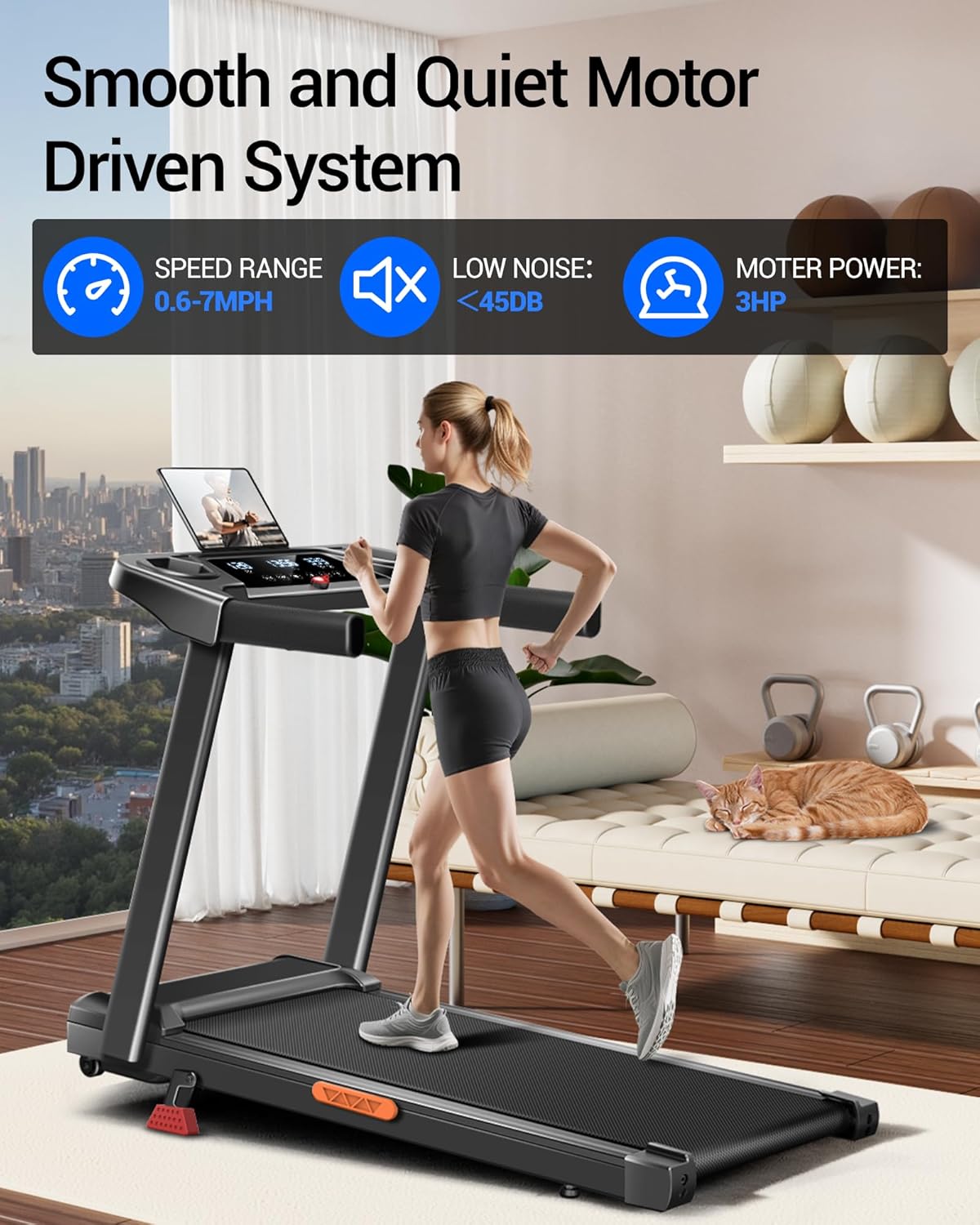 Treadmill with 15% Incline, 3-in-1 Portable Treadmills for Home and Office, Foldable Treadmill with Handles, 3.0HP Quiet Brushless Walking Pad Treadmill with Triple Display,300 LBS Weight Capacity - Image 4