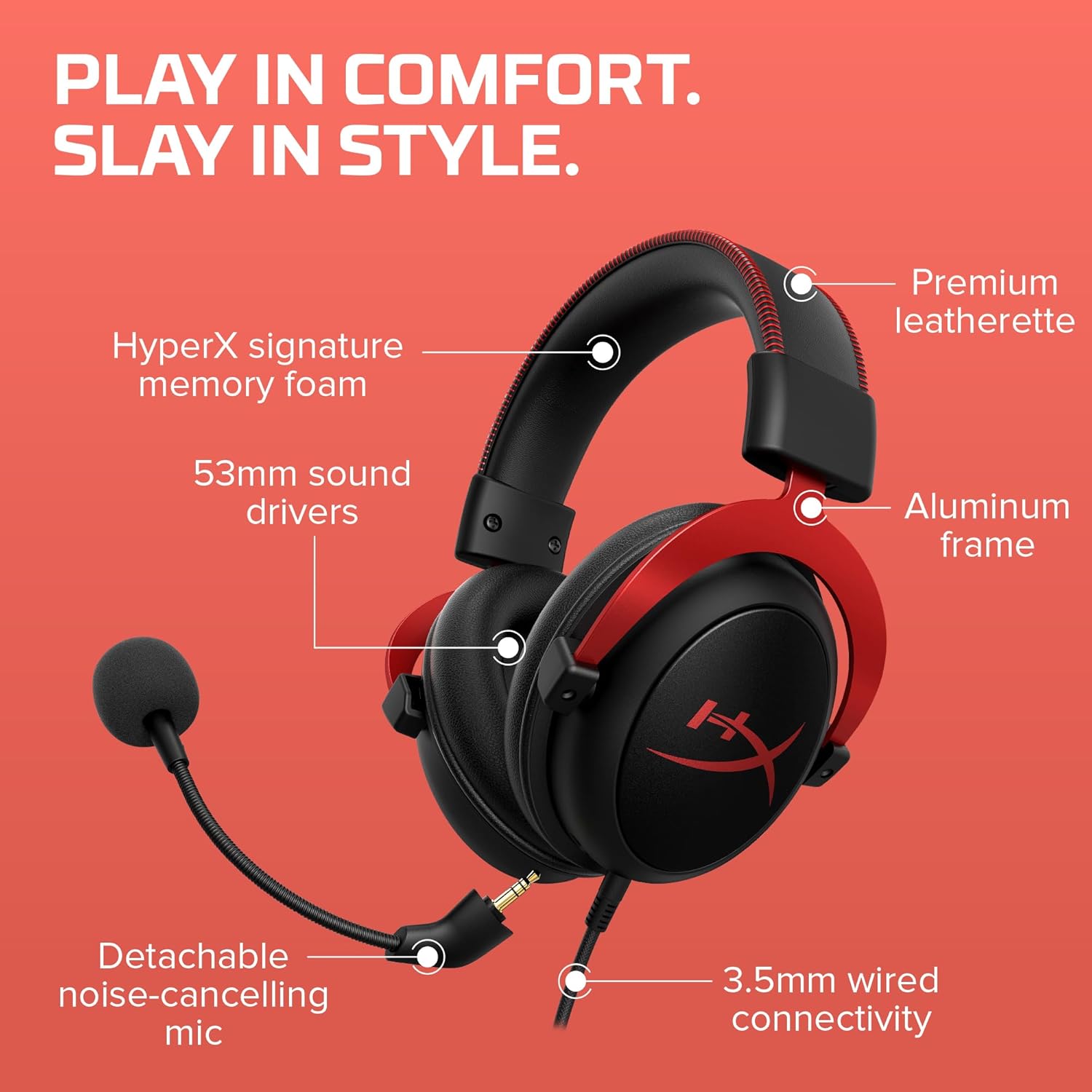 HyperX Cloud II Gaming Headset - 7.1 Surround Sound - Memory Foam Ear Pads - Durable Aluminum Frame - Multi Platform Headset - Works with PC, PS4, PS4 PRO, Xbox One, Xbox One S - Red (KHX-HSCP-RD) - Image 7