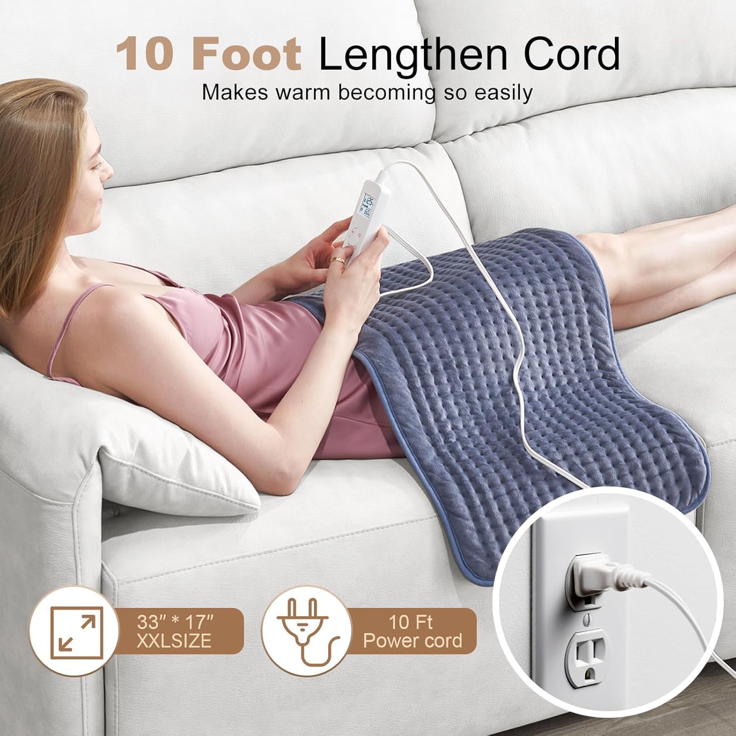 VAAGHANM Heating Pad: 33 x 17 inches Electric Heating Pad for Back -Extra Large Heat Pad for Shoulder/Neck/Knee/Arms - Upgraded 6 Timer & 6 Temperature Controller -Auto Shut Off - Image 4