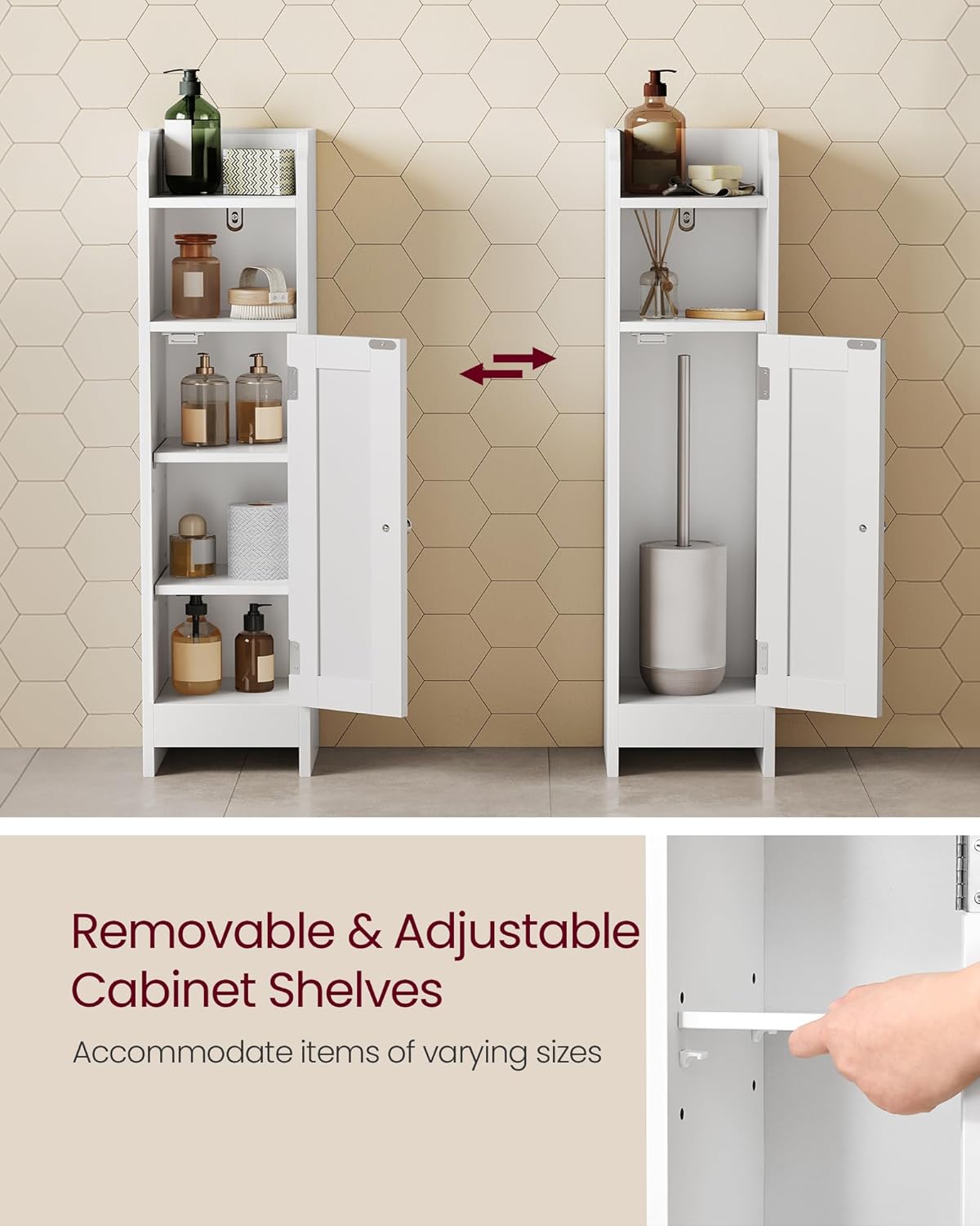VASAGLE Small Storage Corner Floor Cabinet with Door, 7.9 x 7.1 x 31.5 Inches, Narrow Toilet Paper Storage Holder, Adjustable Shelves, for Bathroom, Living Room, Small Spaces, Cloud White UBBC310W01 - Image 5