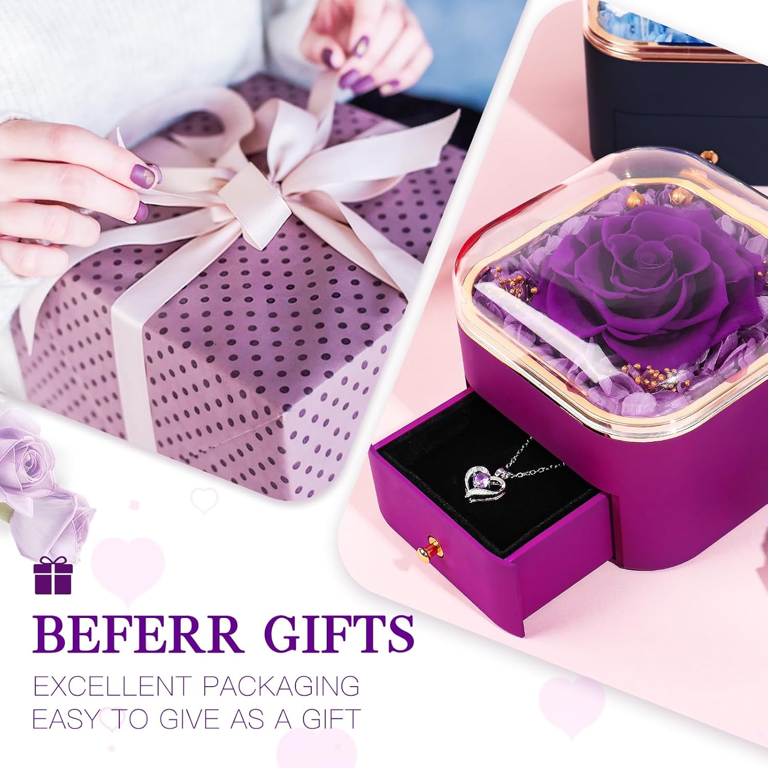 Beferr Gifts for Mom Preserved Real Rose with Necklace Eternal Roses Fresh Flowers for Delivery Prime Birthday Anniversary Purple Gifts for Women Mothers Grandma Wife Daughter Girlfriend Sister - Image 4