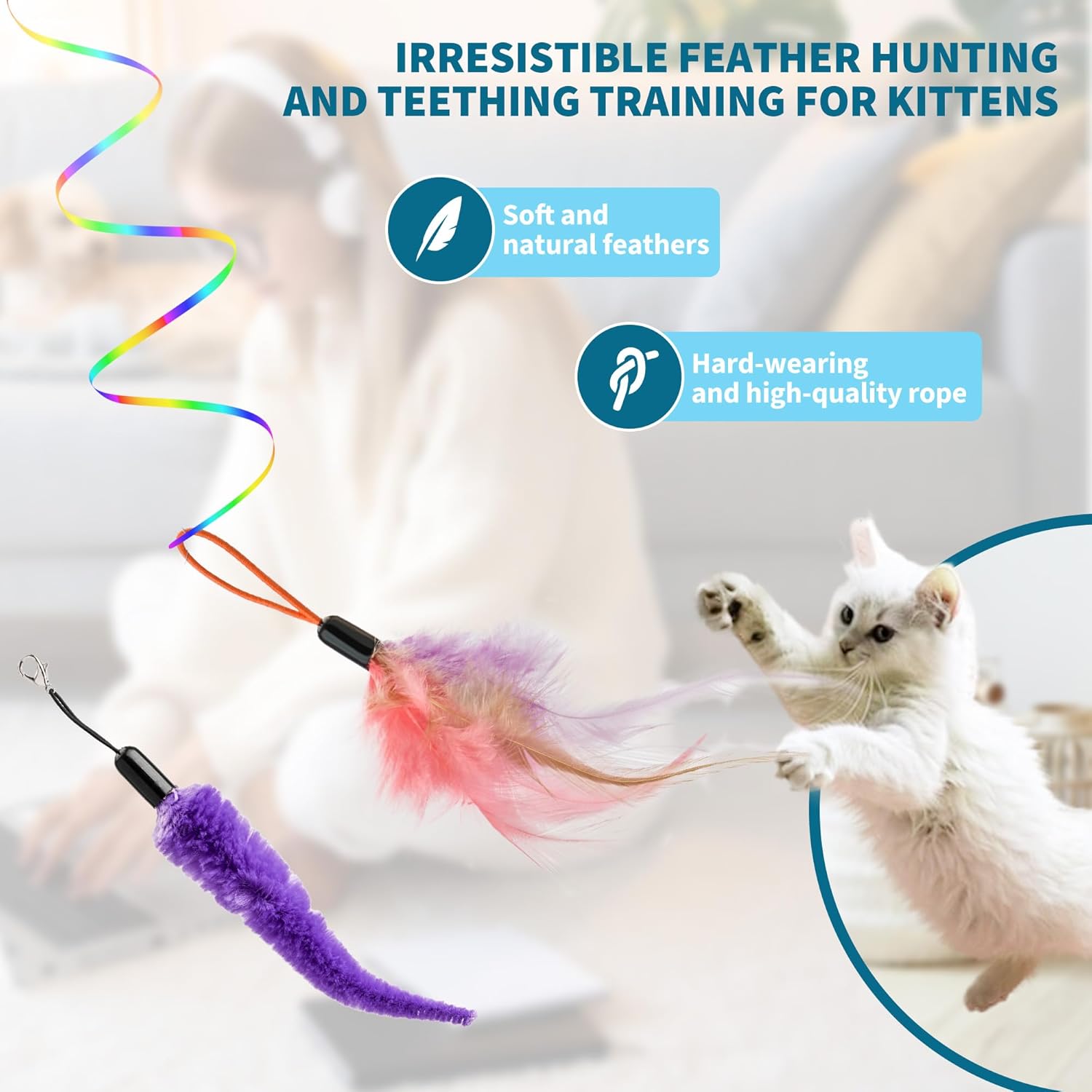 Interactive Cat Toys for Indoor Cats,Automatic String Feather Wand Teaser Enrichment Toy,USB-Rechargeable,Safe Self Play Chase Exercise,Hanging Cat Door Frame Toy for Bored Indoor Adult & Kitten Cats - Image 3