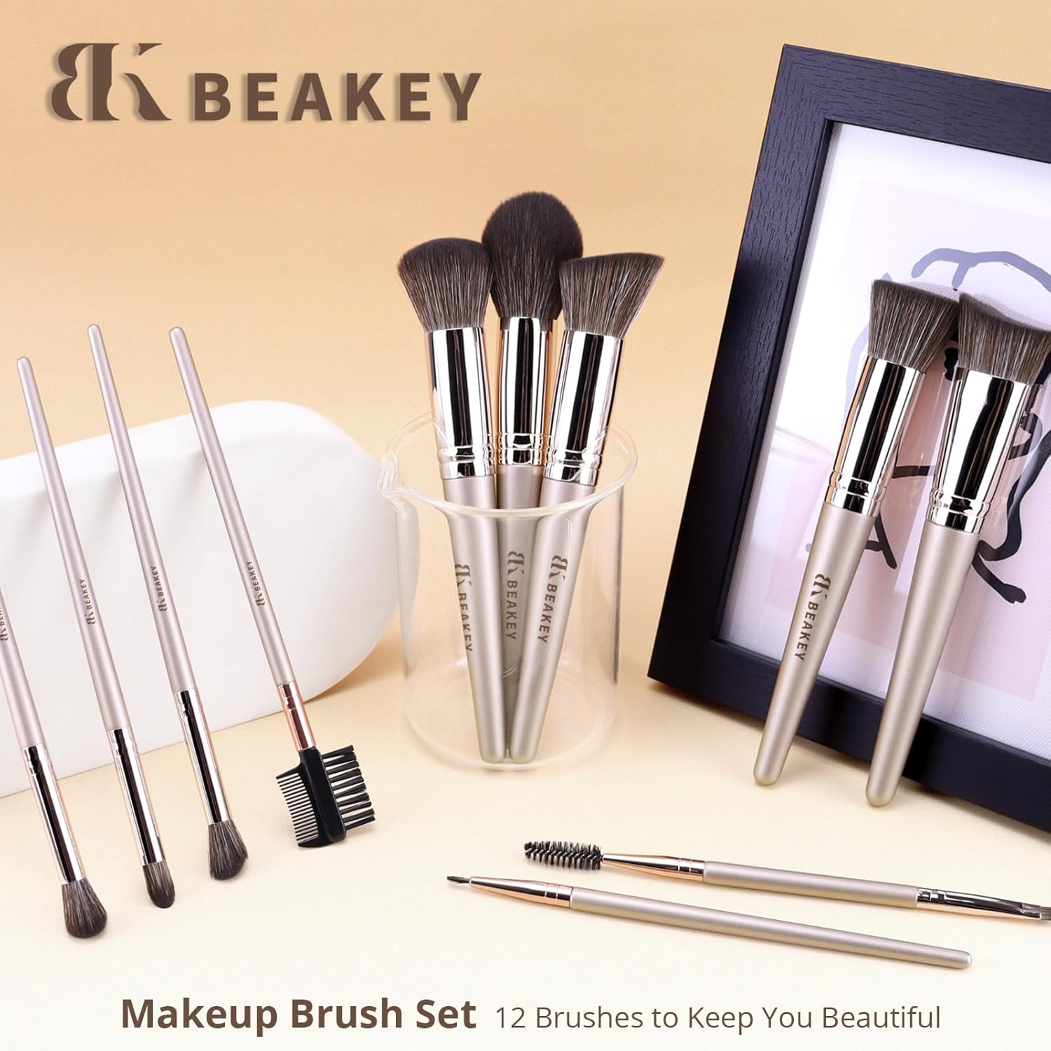 BEAKEY 12pcs Vegan Makeup Brush Set Soft high-density Taklon fibers,durable birch handles,zero shedding,easy to clean,perfect for creating any look - Image 7