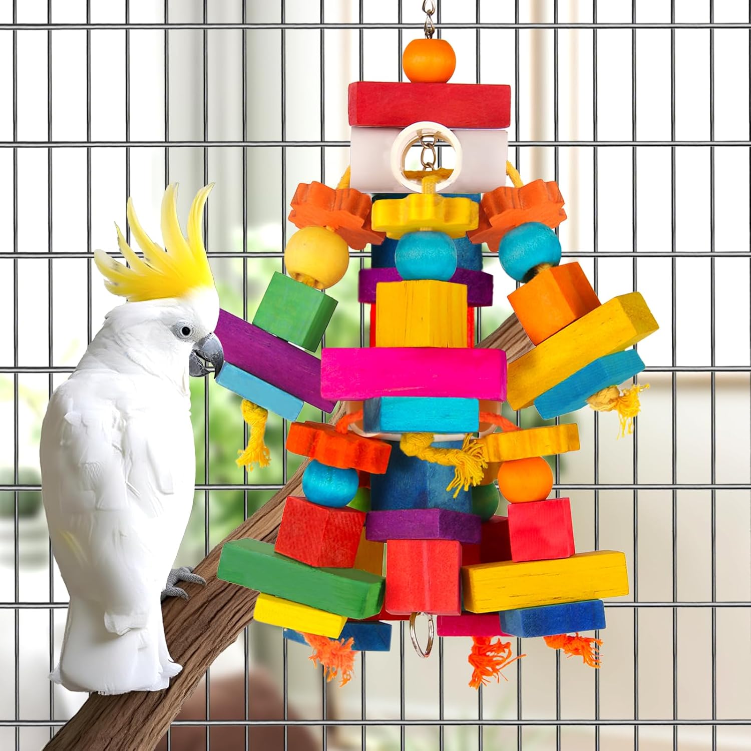 Kyouki Large Parrot Toy, Bird Toys for Cockatoos,Macaws, African Grey, Amazon Parrots,Conures, Lovebirds, Multicolored Natural Wooden Blocks Chewing Toys Bird Cage Accessories (Colorful) - Image 4