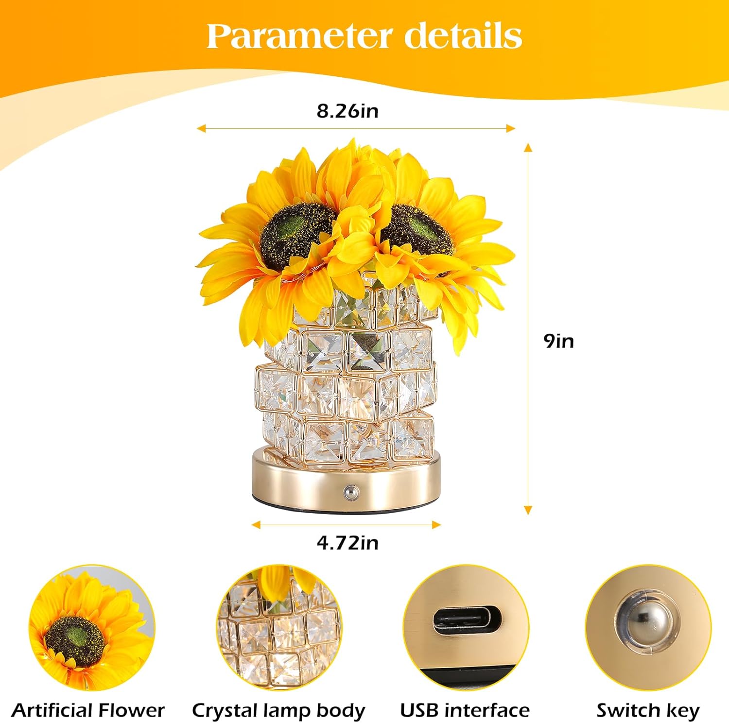 Sunflowers Flower Lamp,Rechargeable Cordless Touch Table Lamp,3-Colour Infinitely Dimming Small Night Light,Festival Restaurant Bedroom Bar Coffee Shop Birthday Gifts for Women Mom - Image 4