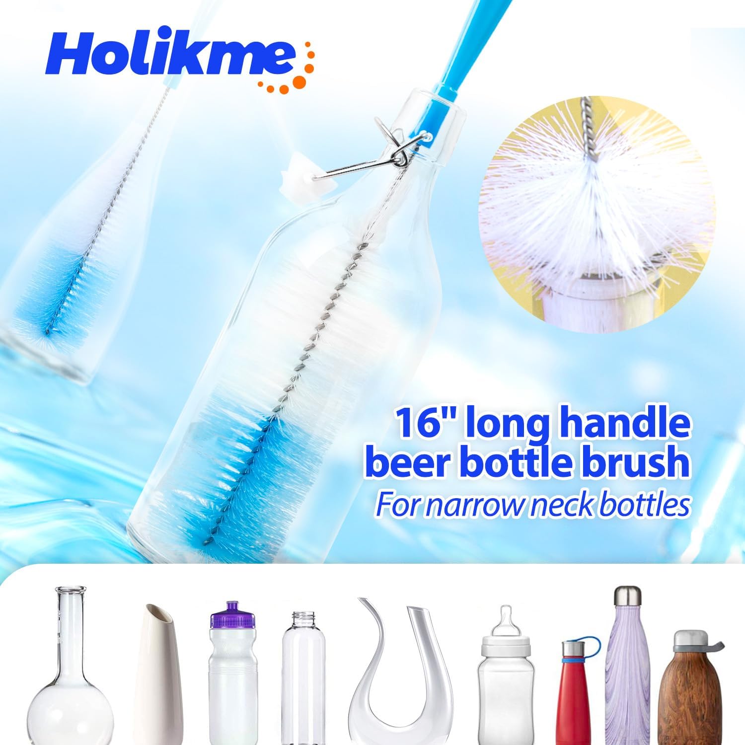 Holikme Bottle Brush Tube Cleaning Lab Set with Long Handle, Cup Cleaner for Washing Narrow Neck Beer Wine Decanter Pipes Lids Sinks Cap Covers, White - Image 3