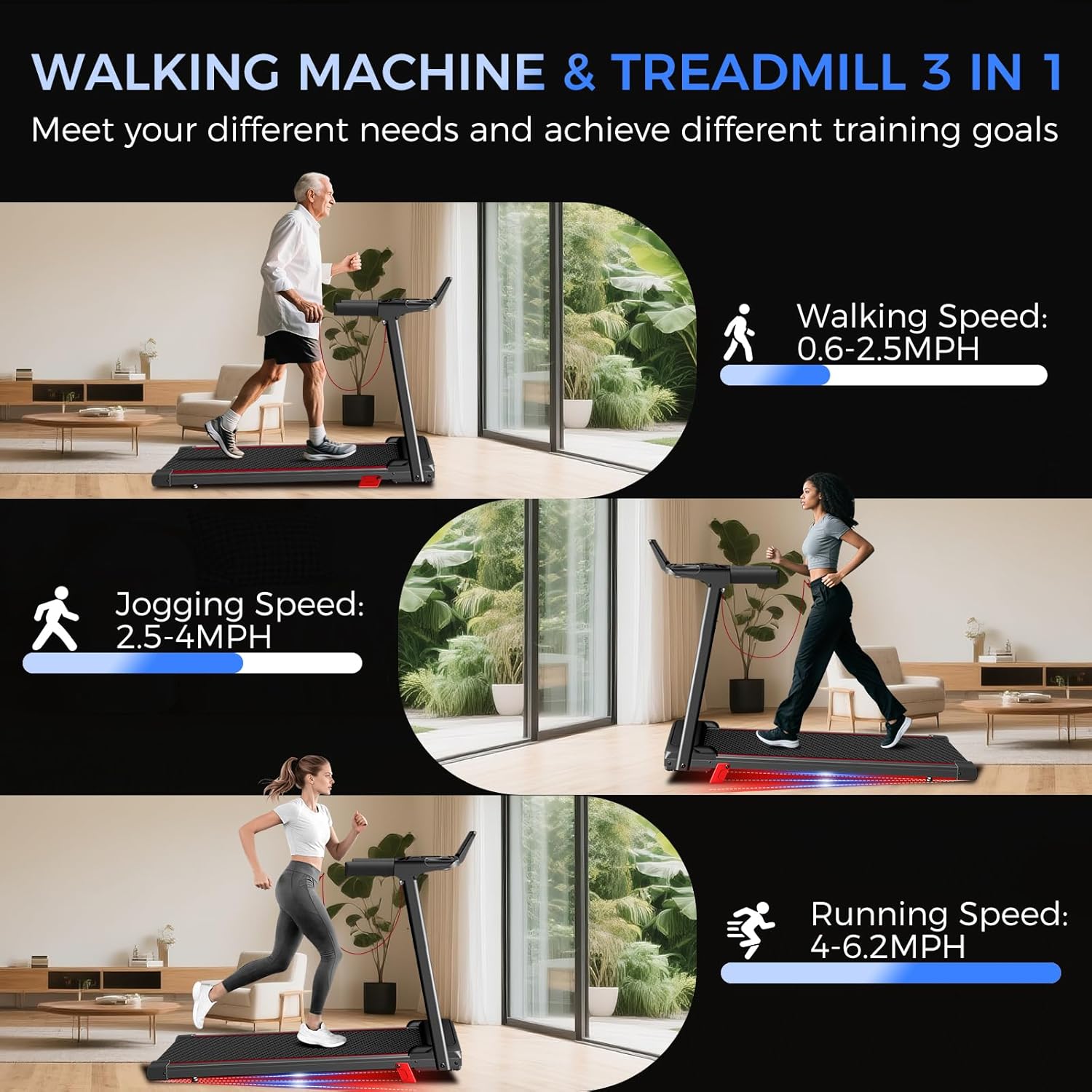 Treadmill with Incline 3-in-1 Portable Treadmills for Home Small, Incline Walking Pad Treadmill with Handle Bar, Walking Pad Foldable with 3.0HP Quiet Brushless, LED Dispay, 300LBS Capacity Black - Image 6