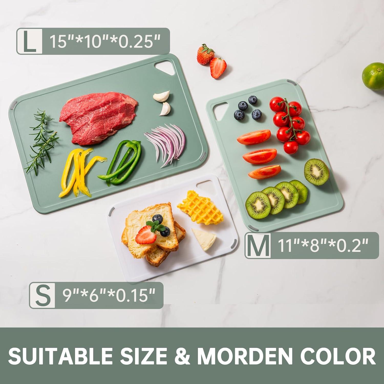 Plastic Cutting Board Set of 3-Cutting Boards for Kitchen BPA Free, Large-Small Chopping Boards Non-Slip for Cooking Camping Dishwasher Safe, Reversible, with Grip Handle, 15"×10"×0.6" Green - Image 4