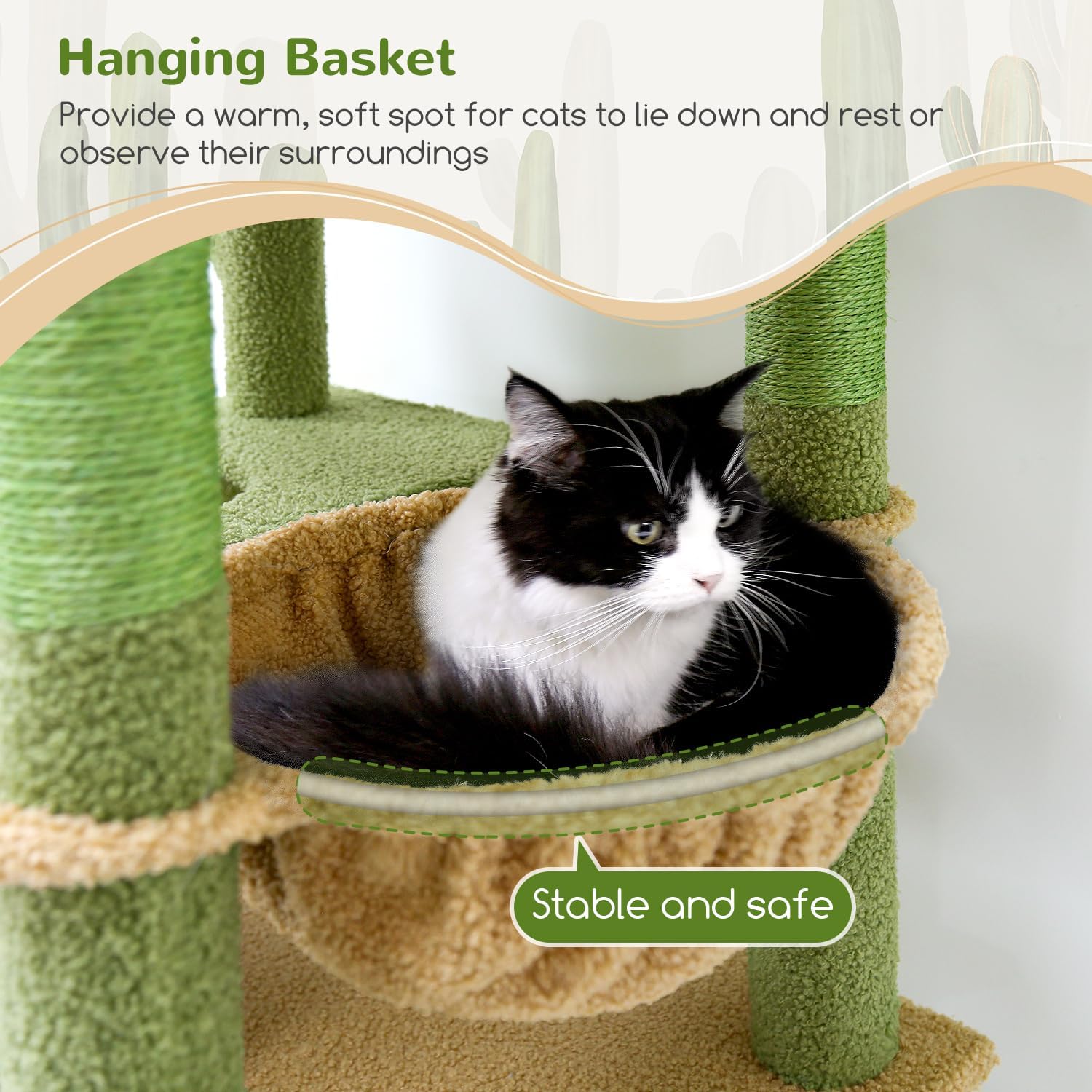 Globlazer Heavy Duty Cactus Cat Tree for Large Cats, Sturdy 72in Maine Coon Cat Tree for Large 20 lbs+ Cactus Cat Tower for Adult Biggest Cats with 6 Scratching Posts, Hammock, S72, Green - Image 7