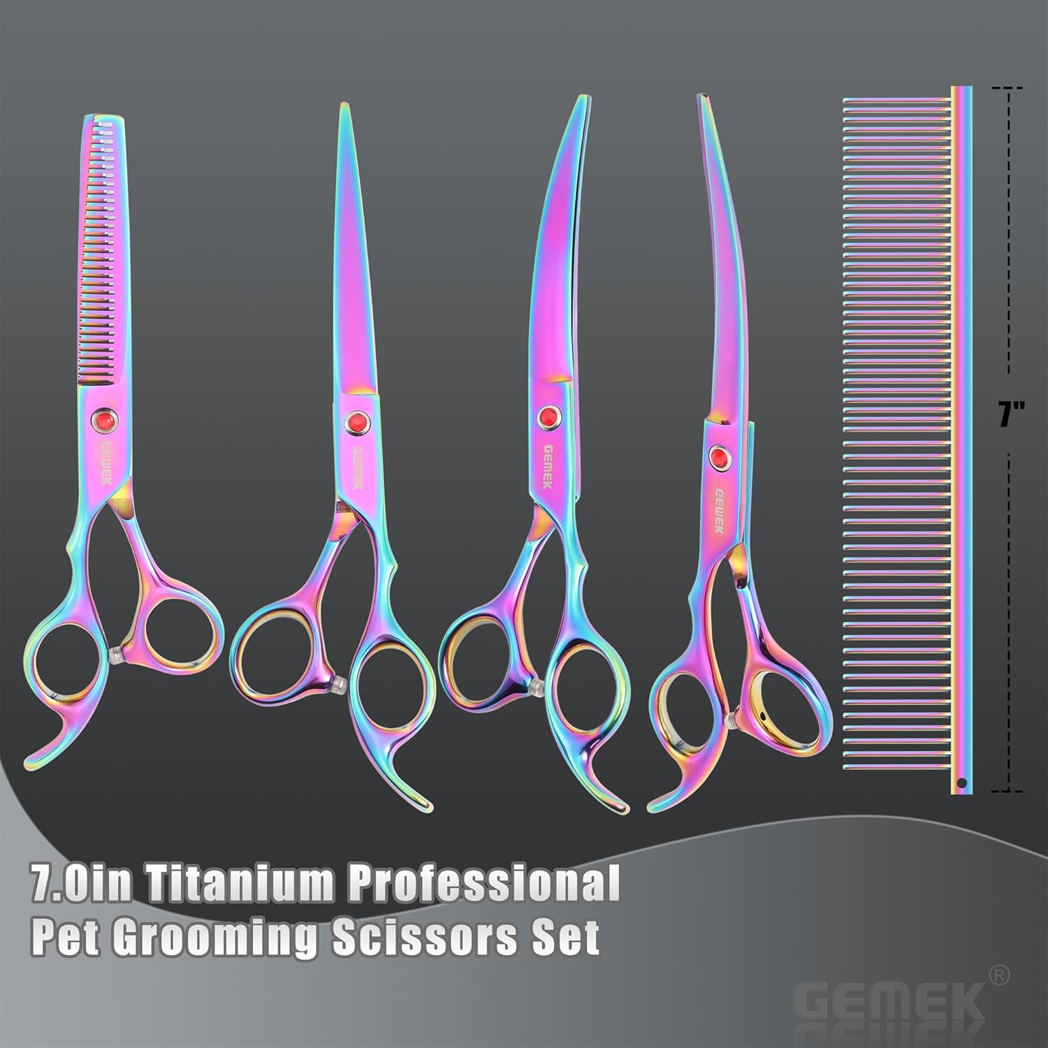 7.0in Titanium Professional Pet Grooming Scissors Set, GEMEK 6 in 1 Straight & Thinning & Upwards Curved & Downwards Curved Scissors & Comb for Dogs, Cats (Rainbow) - Image 6