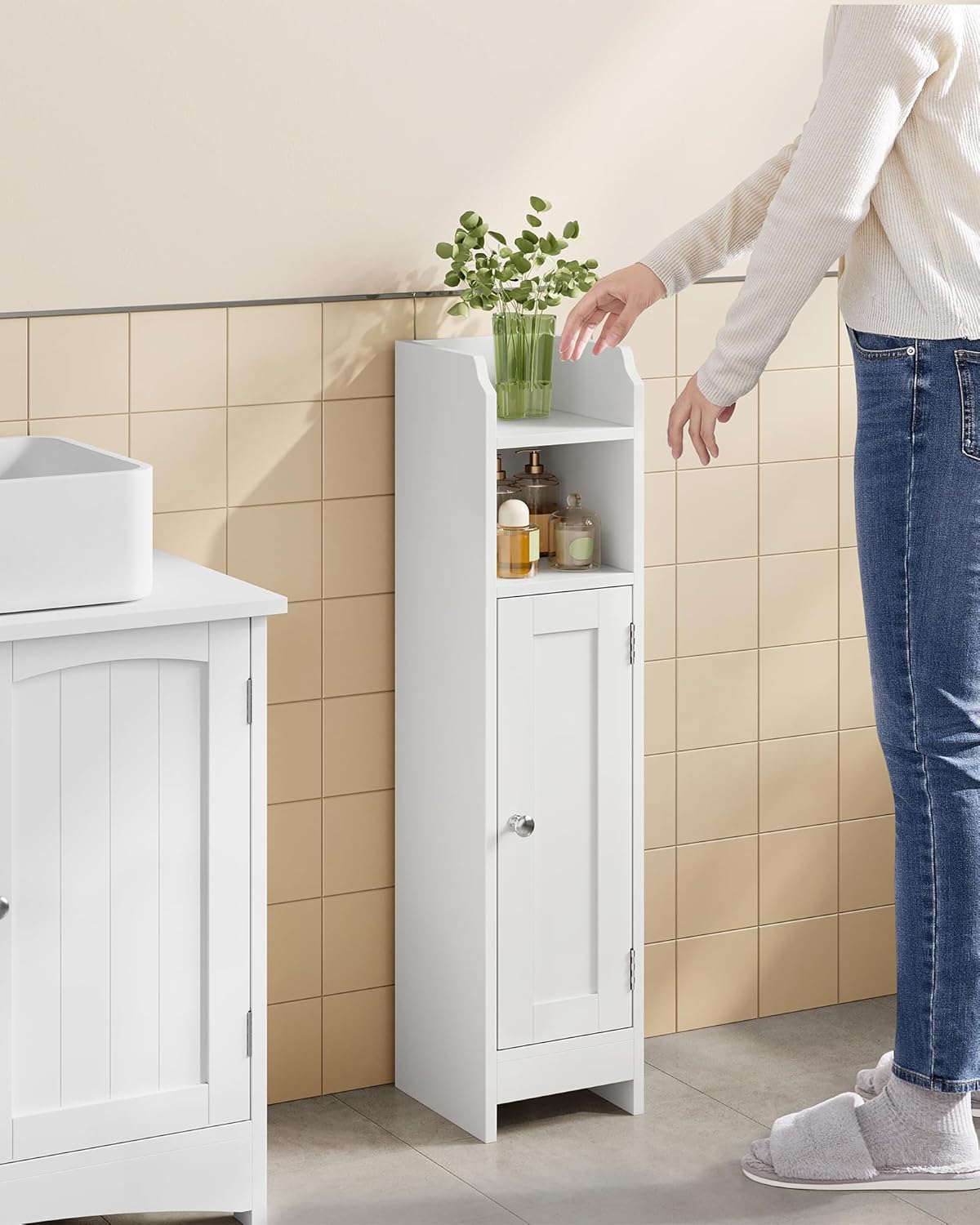 VASAGLE Small Storage Corner Floor Cabinet with Door, 7.9 x 7.1 x 31.5 Inches, Narrow Toilet Paper Storage Holder, Adjustable Shelves, for Bathroom, Living Room, Small Spaces, Cloud White UBBC310W01 - Image 9