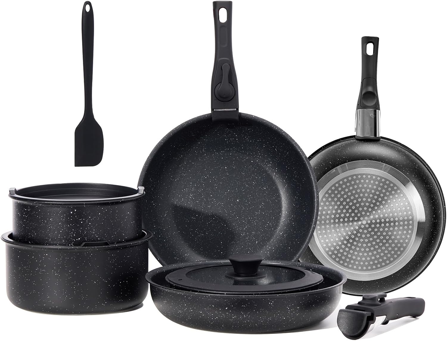 Sweetcrispy 12 pcs Pots and Pans Set, Nonstick Kitchen Induction Cookware Suit with Detachable Handle, Dishwasher Oven Safe, Black