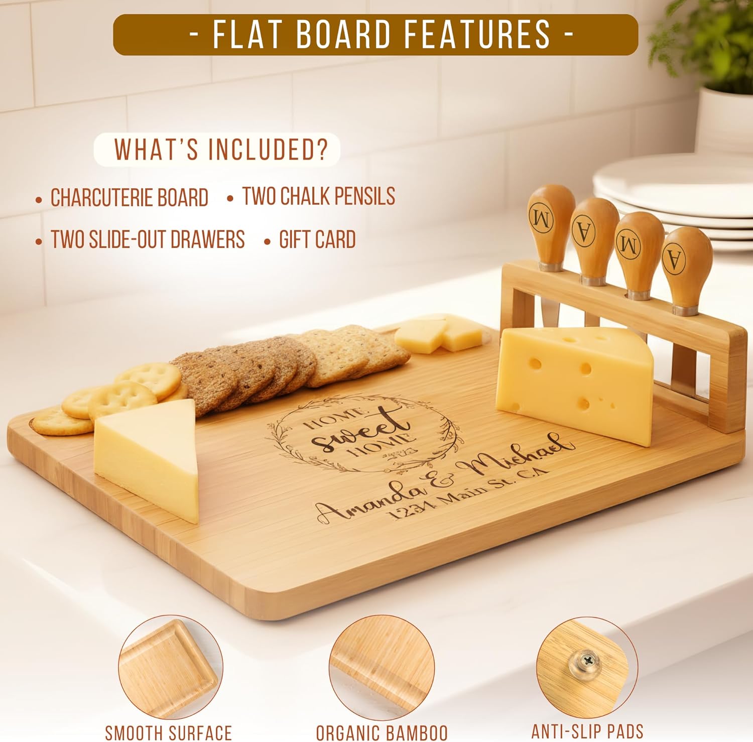 Personalized Bamboo Charcuterie Board Set with Accessories – Custom Large Serving Tray with Knives for Wedding, Anniversary, Bridal Shower, Women, Housewarming, Retirement, Couples Gift for Her, Him - Image 4