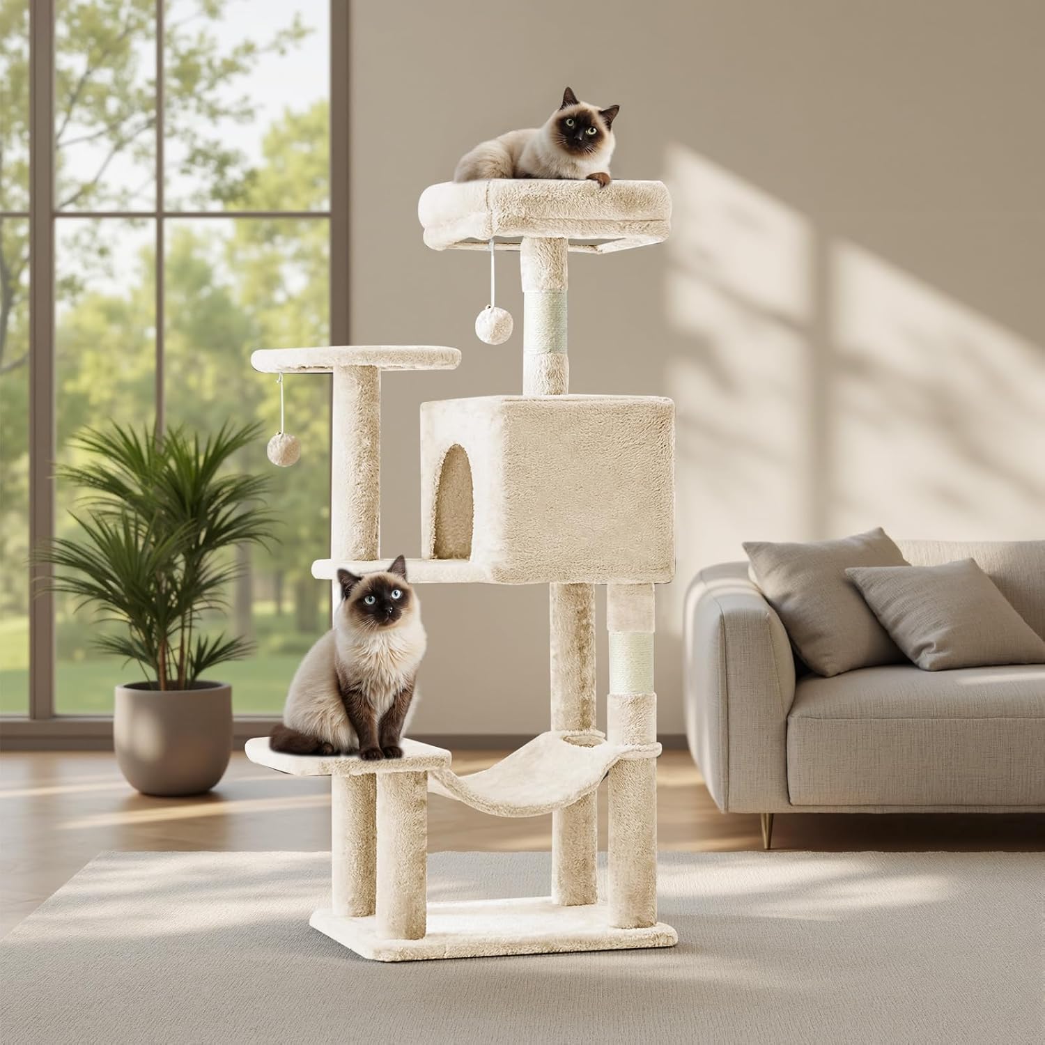 Sweetcrispy 44 Inch Cat Tree Tower, Cat Climbing Tower with Natural Sisal Scratching Posts, Hammock, Pet Condo for Indoor Cats and Kittens Play, Beige - Image 8
