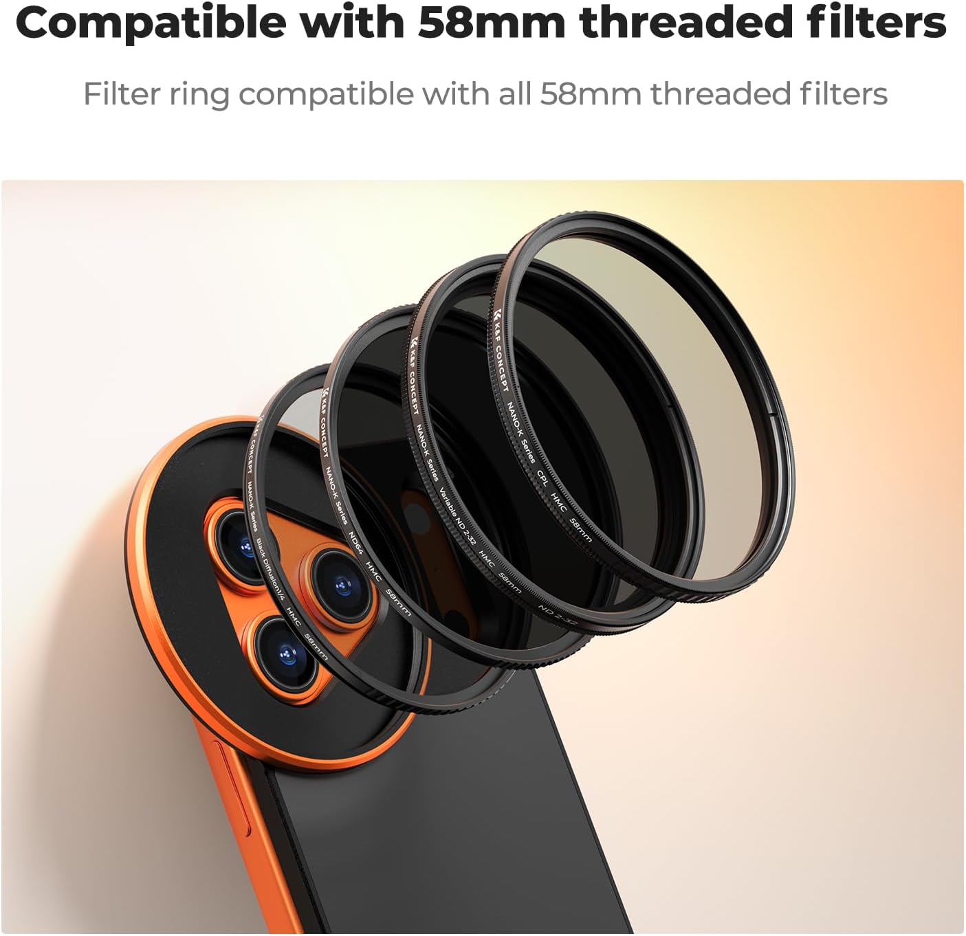 K&F CONCEPT Double-Sided Magnetic Lens Filter Mount Adapter with 58mm CPL Filter, Compatible with iPhone 17 Pro and 58mm Threaded Filters, CPL Filter Compatible with iPhone Camera Lens - Image 6