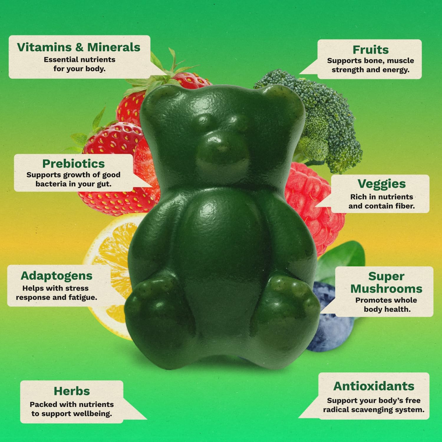 Gruns Adults Super Greens Gummies, Multivitamin Superfood Gummy Bears, Spirulina, Chlorella, Prebiotics & Fiber Gummies for Digestive Health, Adaptogens Supplement, 20 Vitamins & Minerals, 10 Count - Image 5