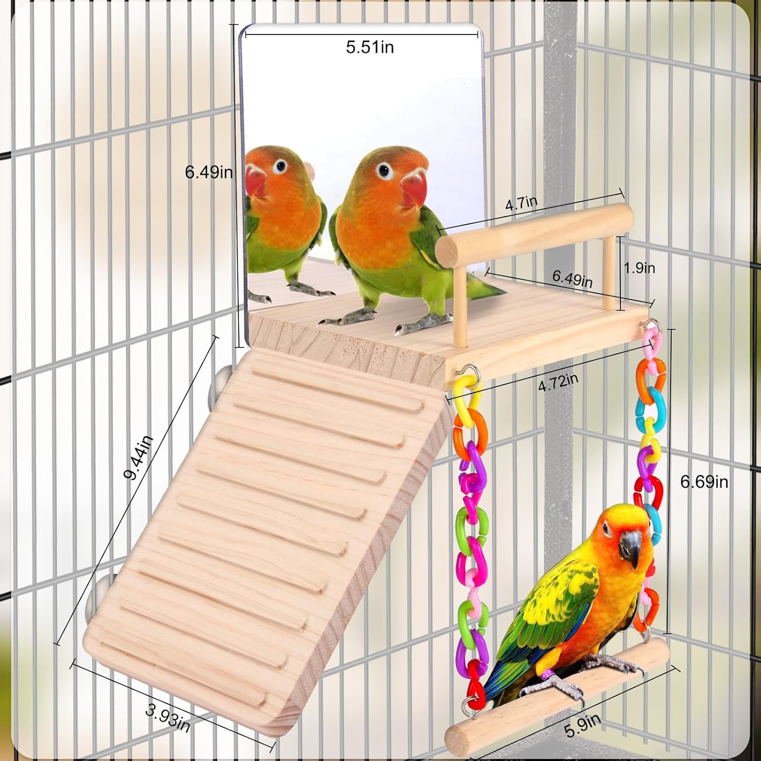 KyoukiBird Perch Platform Bird Toys with Bird Mirror Climbing Ladder Swing, Parakeet Cage Accessories - for Cockatiels, Lovebirds, Budgies,Pacific Parrotlets,Finch,Canaries - Wooden Play Gym - Image 2
