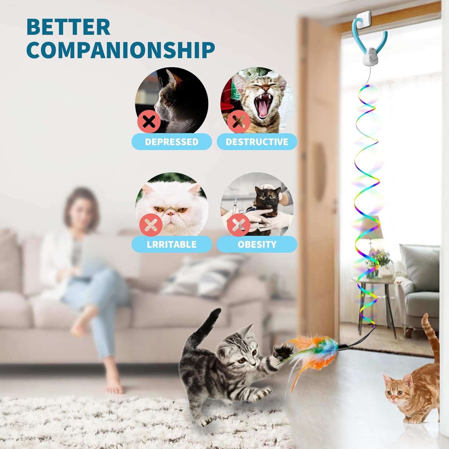 Interactive Cat Toys for Indoor Cats,Automatic String Feather Wand Teaser Enrichment Toy,USB-Rechargeable,Safe Self Play Chase Exercise,Hanging Cat Door Frame Toy for Bored Indoor Adult & Kitten Cats - Image 4