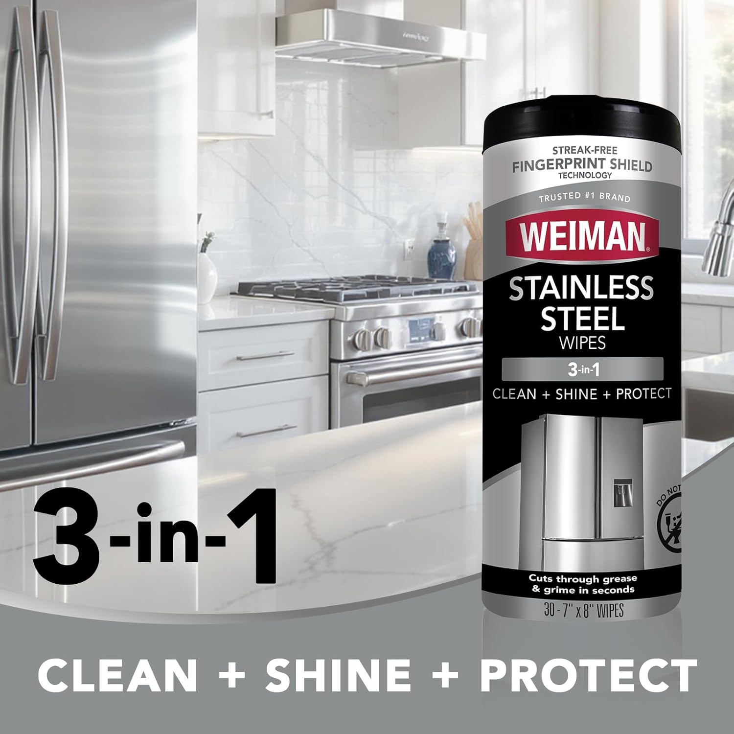 Weiman Stainless Steel Cleaner, 30 Count Cleaning Wipes, Removes Dirt, Grime, and Grease, No Streaks or Residue, Stainless Steel Polish for a Sparkling Clean and Shiny Surface, Cleaning Supplies - Image 3