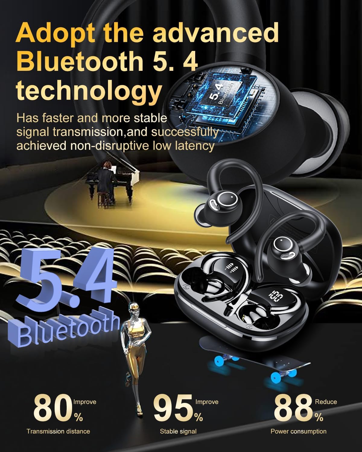 Wireless Earbuds, Bluetooth 5.4 Headphones Sport, Over Ear Buds With ENC Noise Cancelling Mic, 48H, Wireless Earphone With Earhooks, Stereo Deep Bass, IP7 Waterproof ear bud for Workout Running, Black - Image 3