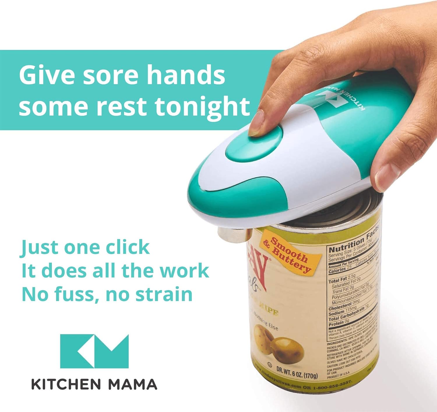Kitchen Mama Auto Electric Can Opener: Open Your Cans with A Simple Press of Button - Automatic, Hands Free, Smooth Edge, Food-Safe, Battery Operated, YES YOU CAN (Teal) - Image 2