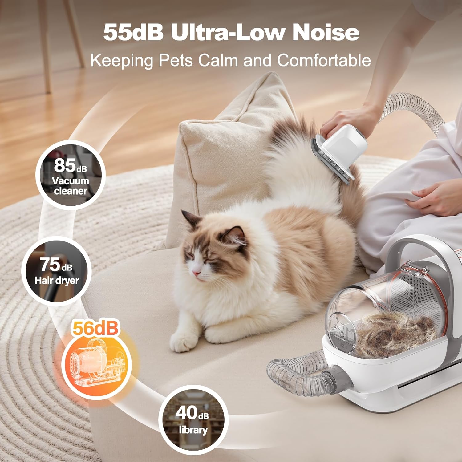 Afloia 6-in-1 Dog Grooming Kit, Pet Grooming Vacuum for Shedding, Dog Hair Vacuum with Clipper Nail Trimmer Grinder, Pet Brush Groomer at Home, Low Noise Cats Hair Remover, 1.5L Dust Cup, White - Image 5