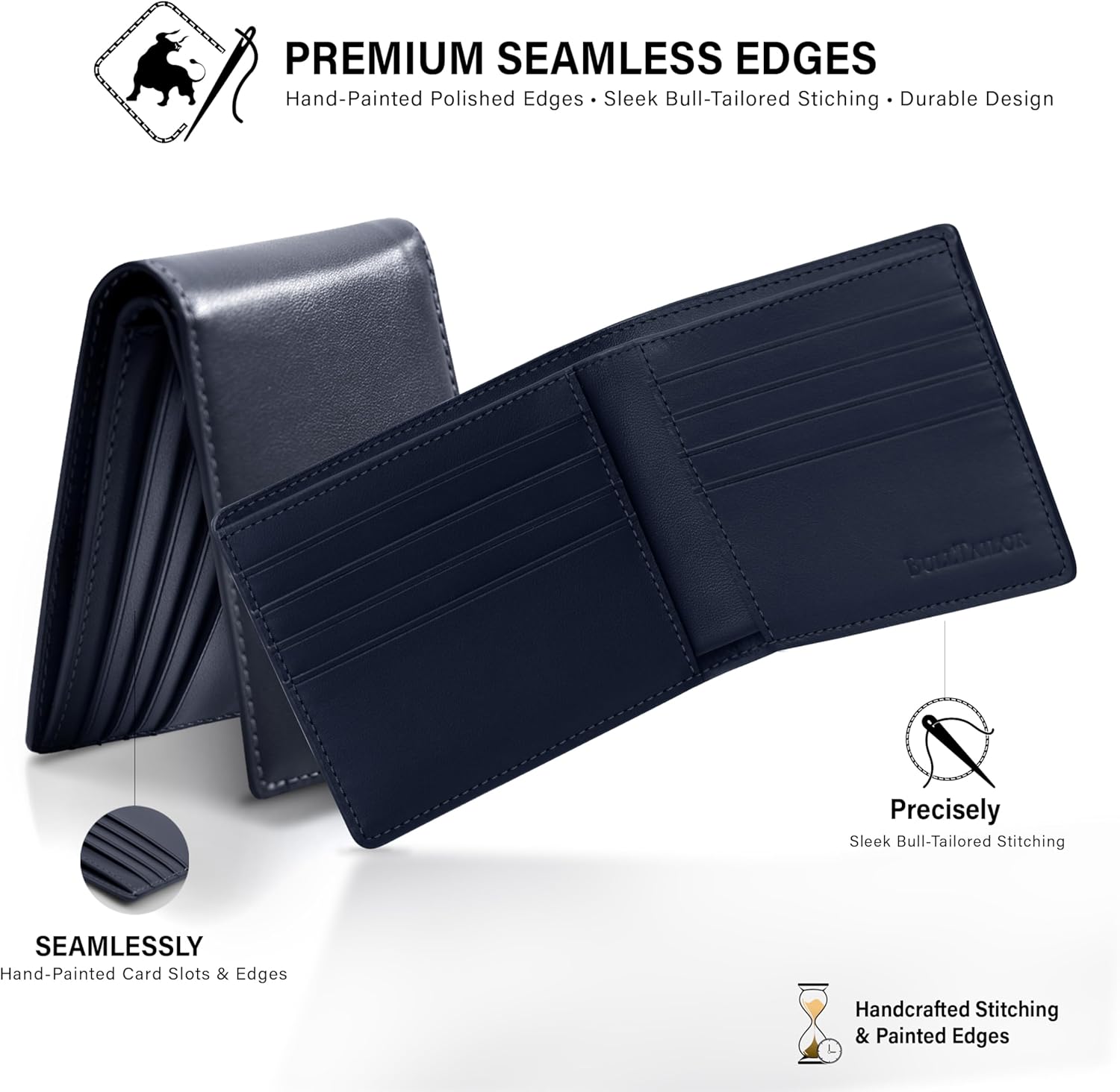 Full-Grain Leather Wallet for Men, Minimalist Slim Mens Bifold RFID Blocking Wallet with Cash Pocket, 8 Card Slots (Sapphire Navy) - Image 4