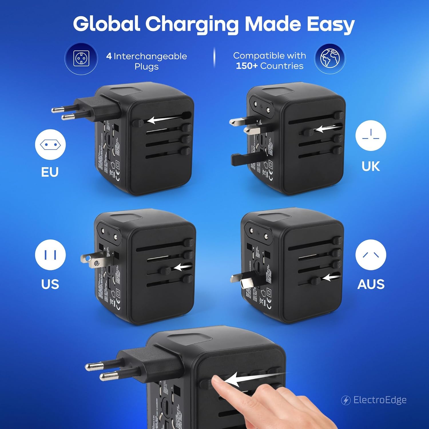 Universal Travel Adapter with 3USBA + 1USBC Port, All-in-1 Worldwide Travel Adapter | European to UK Plug Adaptor | International Travel Plug Adapter for US/EU/AUS/UK - Image 2
