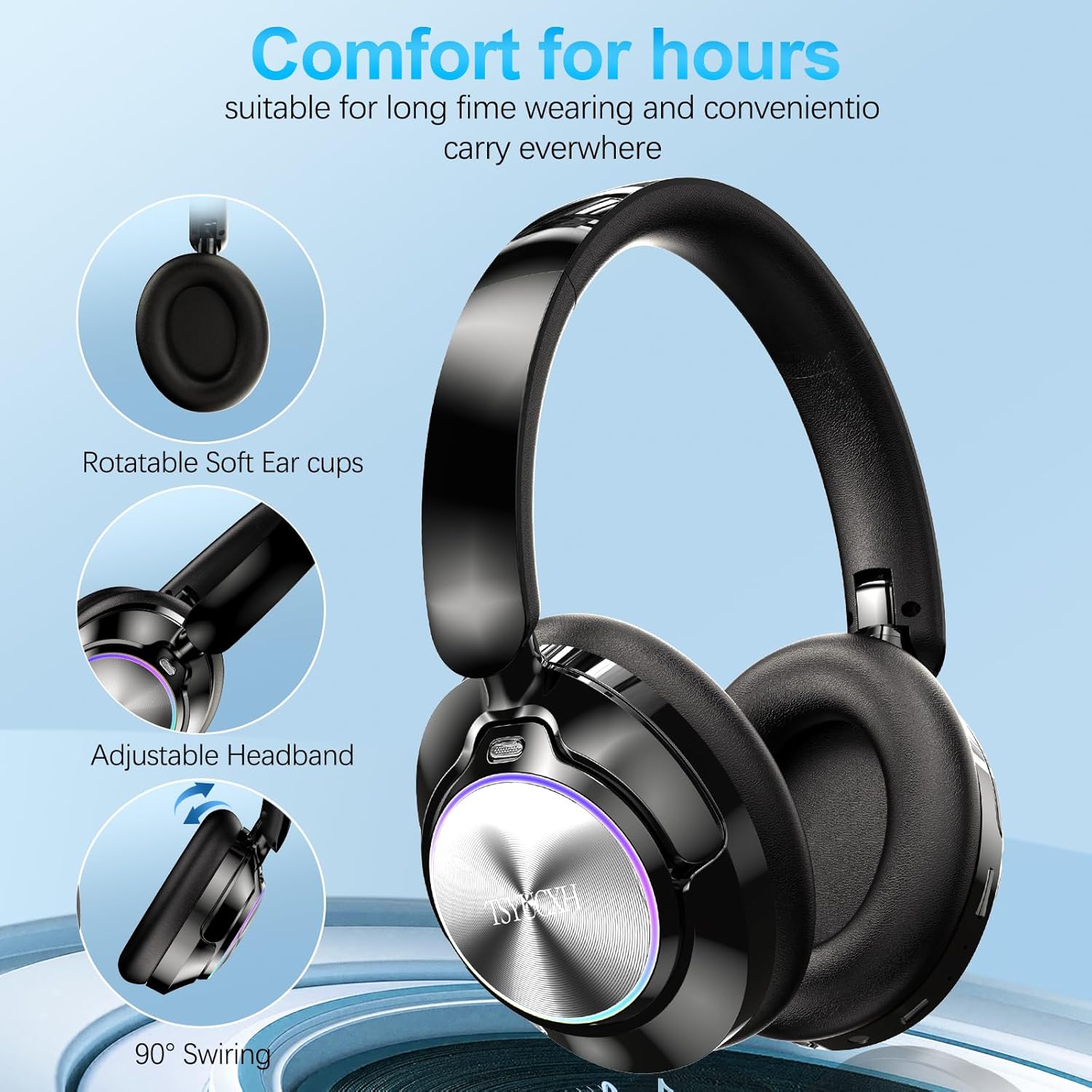 Noise Cancelling Over Ear Wireless Bluetooth Headphones with Microphone, 65h Playtime, Clear Calls, Comfort Fit for Travel (Black) - Image 6