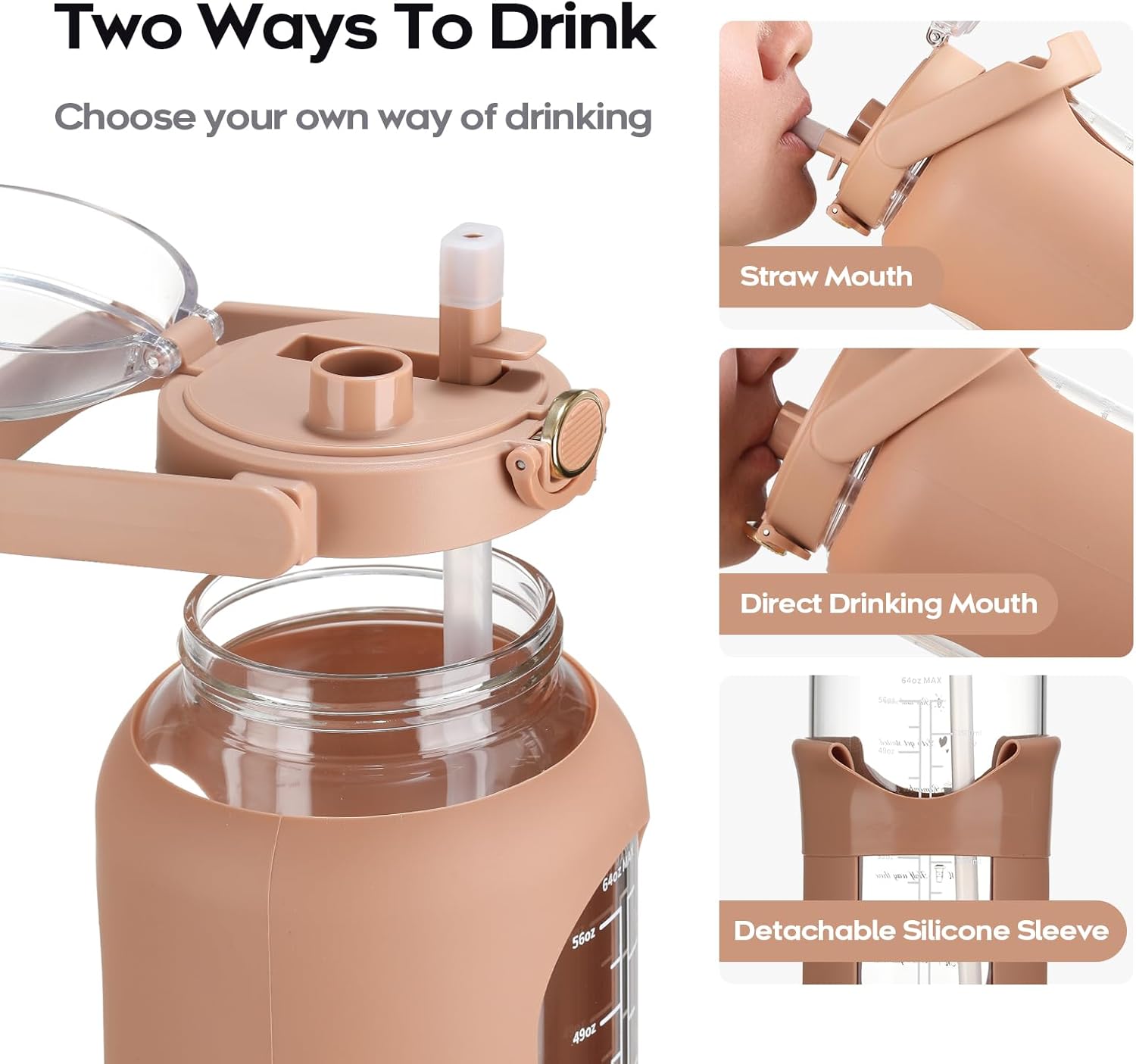 74 oz Glass Water Bolttles with Straw Large Motivational Water Bottle with Time Marker Sports Water Bottles with Silicone Sleeve and Handle Lid 2.2L Water Jug for Gym Workout - Image 2