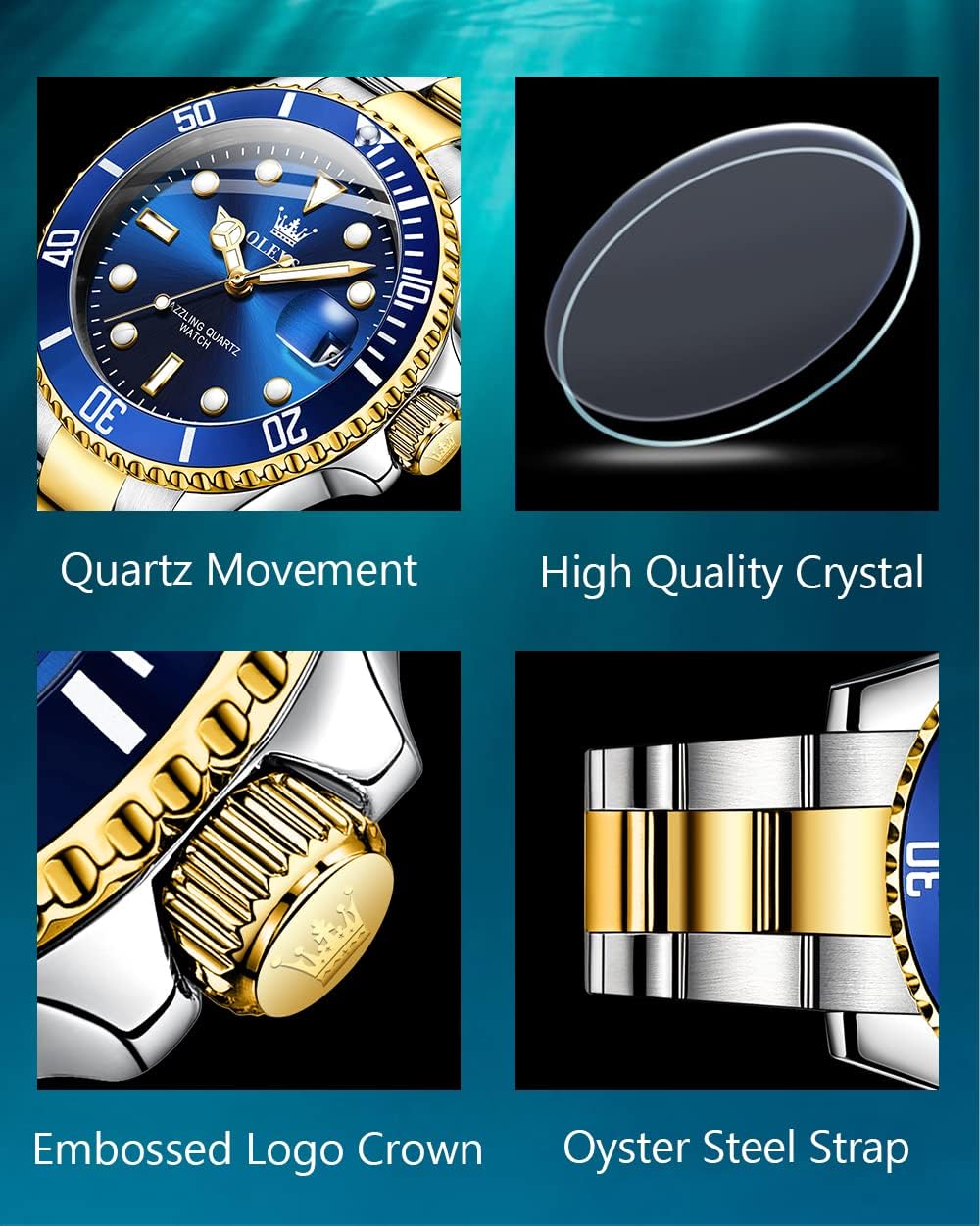 OLEVS Men's Watches with Date, Premium Gold and Silver Stainless Steel Analog Watches for Men, Classic Rotatable Bezel Men's Cuff Watches, Blue/Green/Black Dial - Image 5
