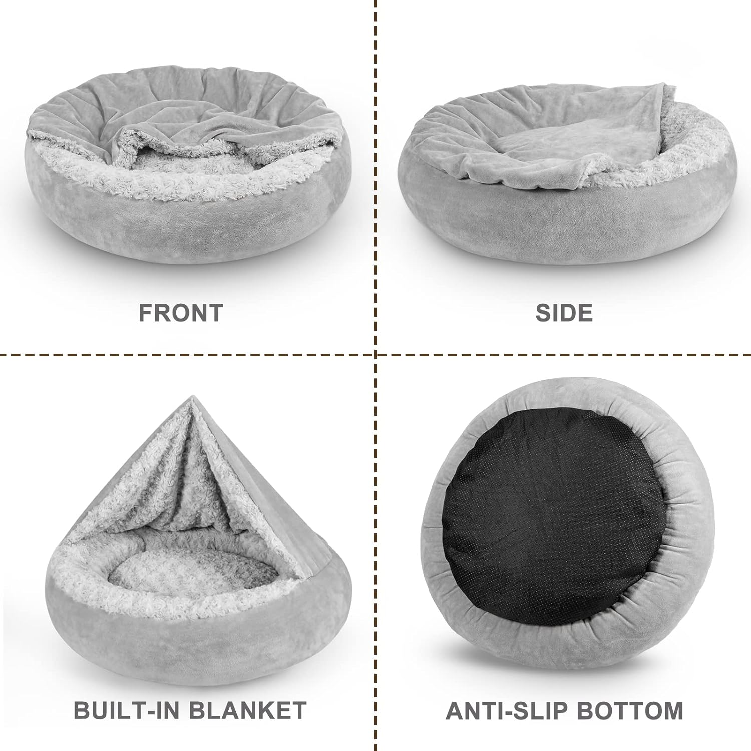 JOEJOY Small Dog Bed Cat Bed with Hooded Blanket, Cozy Cuddler Luxury Puppy Pet Bed, Donut Round Calming Anti-Anxiety Dog Burrow Cave Bed - Anti-Slip Bottom and Machine Washable 23 inch - Image 8