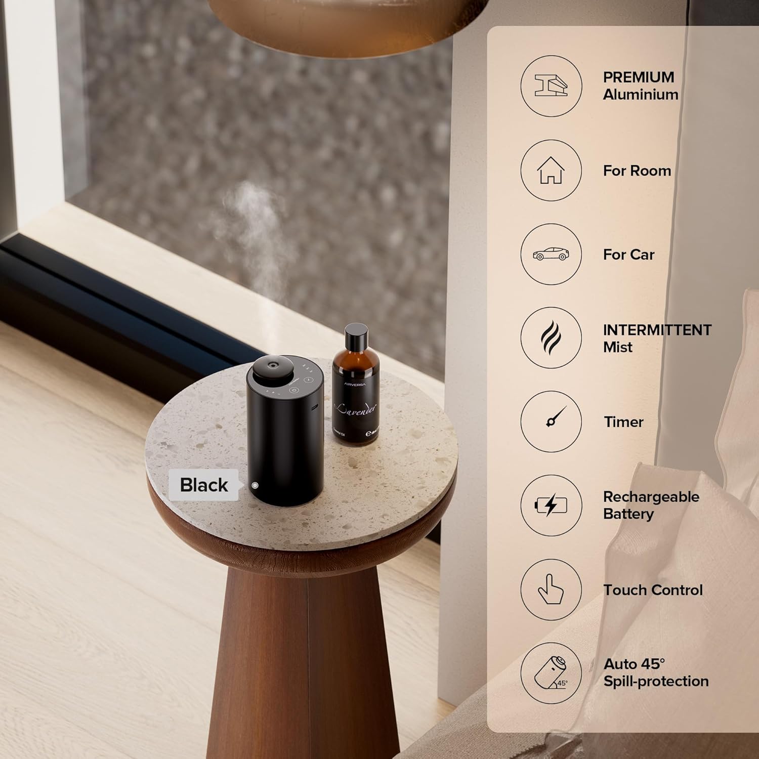 Airversa Waterless Essential Oil Diffuser for Home Aromatherapy Scent Diffusers with 3 Countdown Timer Settings or Timer-Off, 3 Mist Levels for Car Room Studio Office, ANX Premium Metal Black - Image 2