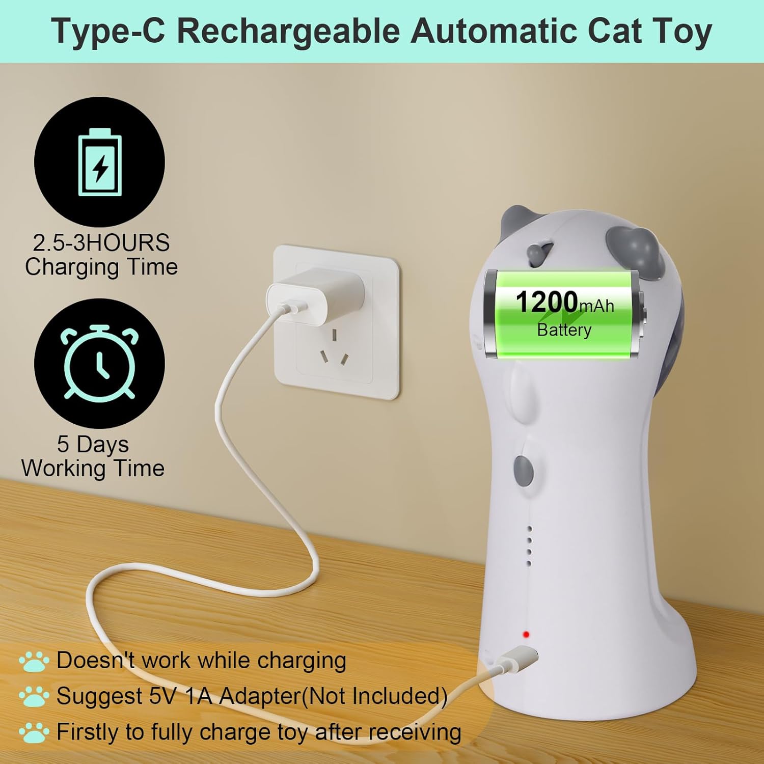 TBTeek Cat Toy, Automatic Motion-Activated, 5 Fun Patterns, 4 Speed Modes, Adjustable Light Angles, Random Rotating Trajectory, Rechargeable - Image 6