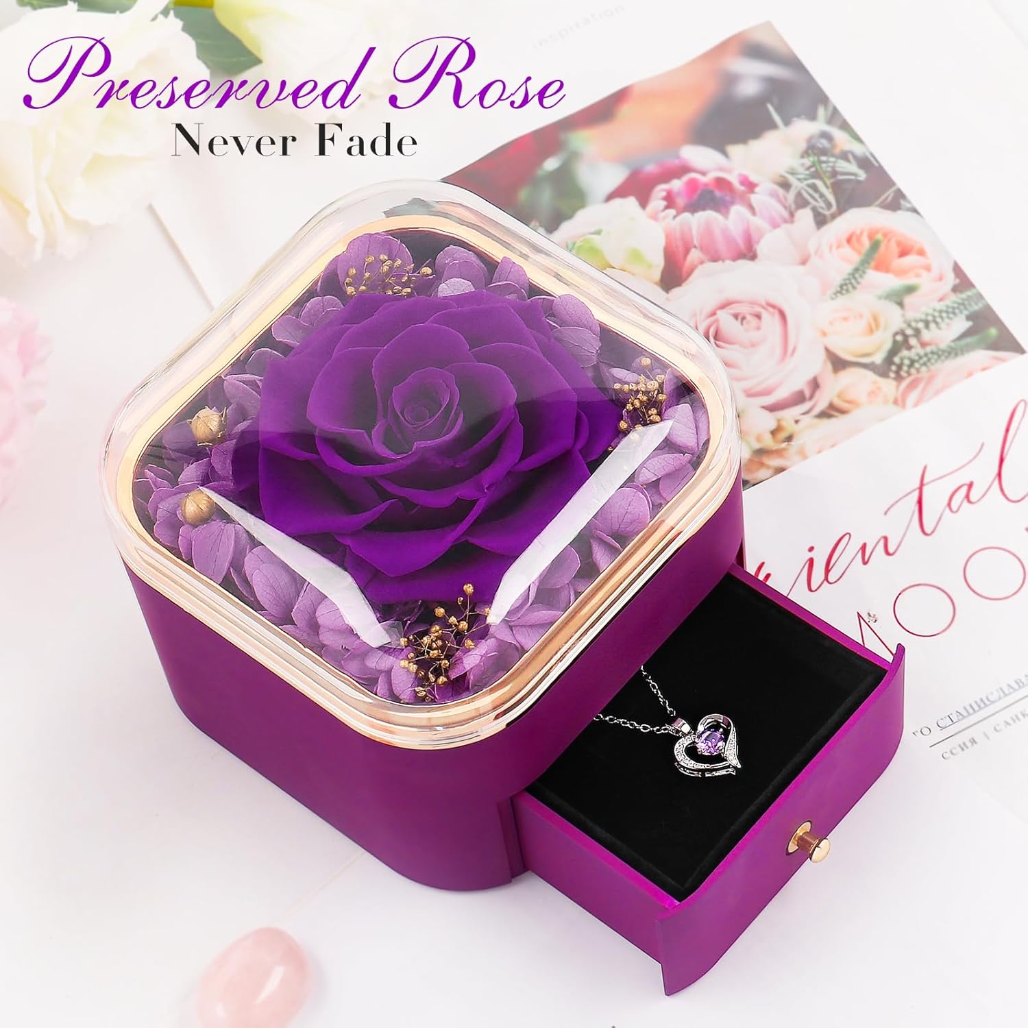 Beferr Gifts for Mom Preserved Real Rose with Necklace Eternal Roses Fresh Flowers for Delivery Prime Birthday Anniversary Purple Gifts for Women Mothers Grandma Wife Daughter Girlfriend Sister - Image 5