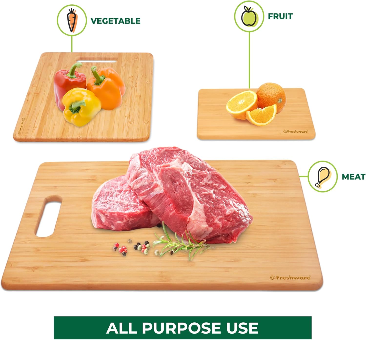 Freshware Bamboo Cutting Board Set of 3, Wooden Cutting Boards for Kitchen, Knife Friendly Food Grade Chopping Board, Lightweight with Hanging Hole for Easy Storage - Image 7