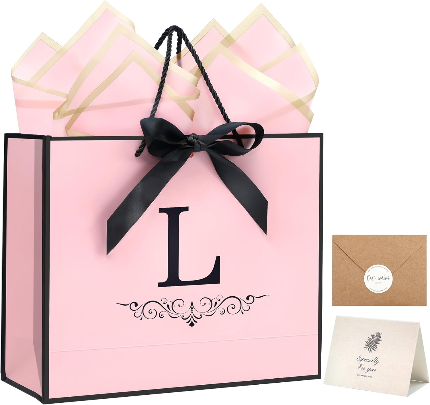 KeerxunBag Personalized Gift Bag, featuring the letter L logo - A pink paper gift bag with a letter pattern, accompanied by a ribbon bow, matching thin paper, and a greeting card set.