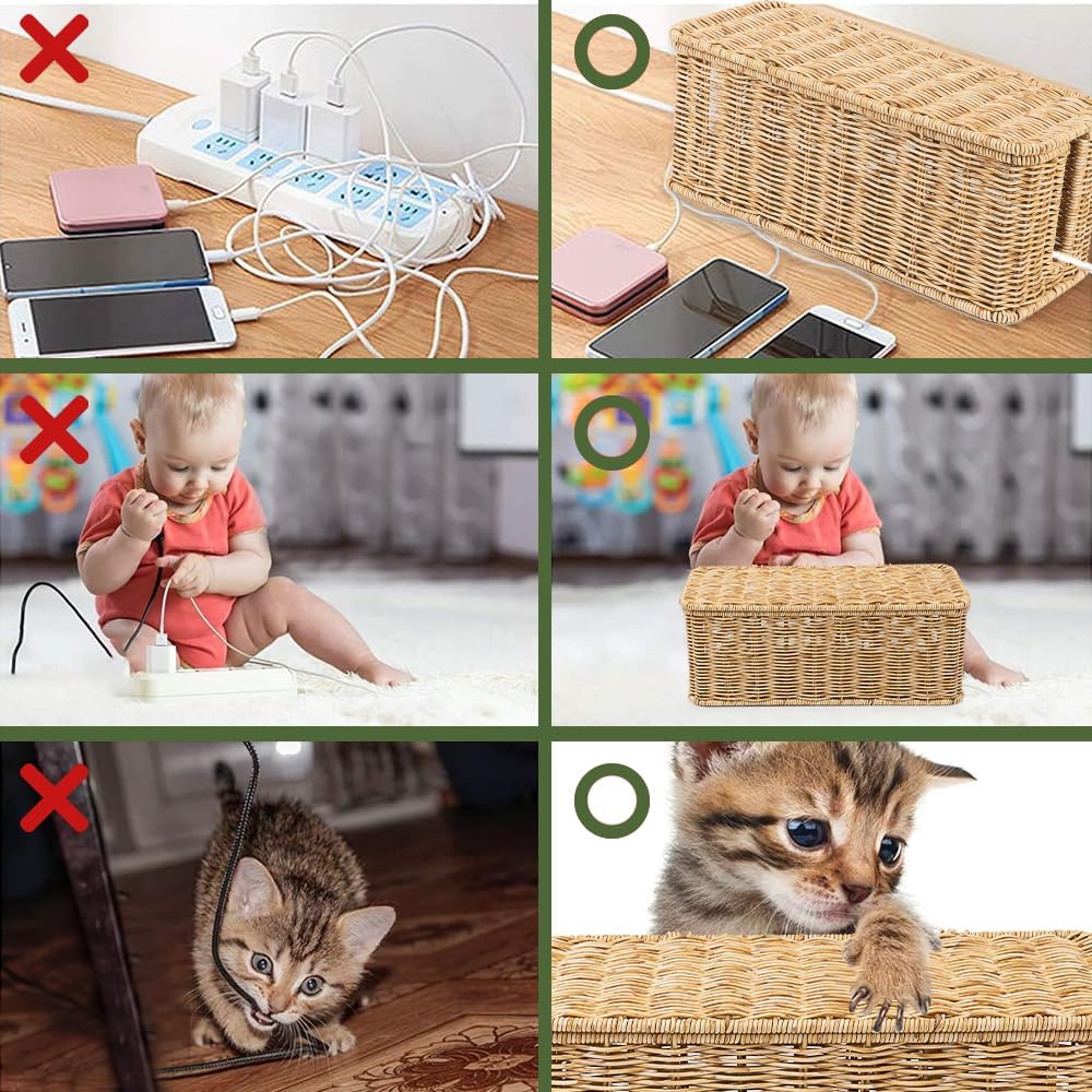 Cable Management Box, Handmade Rattan Cable Organizer with 2 Open Slots, Cord Hider for Power Strip, Router & USB Hub, Registered U.S. Design Patent (D1,112,102), 13" x 5.1" x 5.1", Natural - Image 8